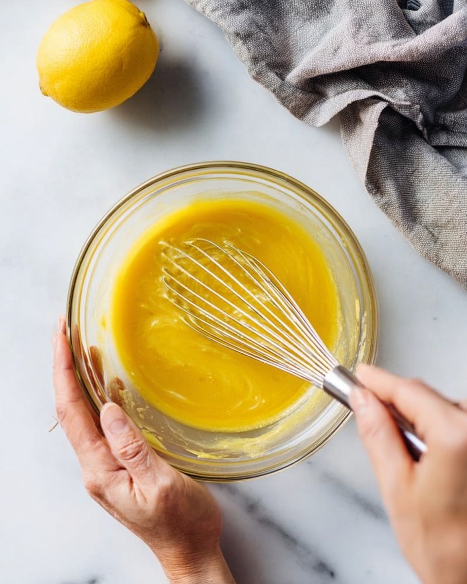 A clear round glass bowl sits on a white marbled surface, filled with a yellow liquid mixture that appears smooth and slightly thick. A woman's hand holds the bowl steady from the left side, while another woman's hand whisking the contents with a silver whisk creates a swirling motion in the liquid. To the upper left, there is a whole bright yellow lemon, and on the top right, a folded gray cloth adds texture to the scene. The lighting highlights the glossy shine of the liquid and the glass bowl. photo taken with an iphone --ar 4:5 --v 7