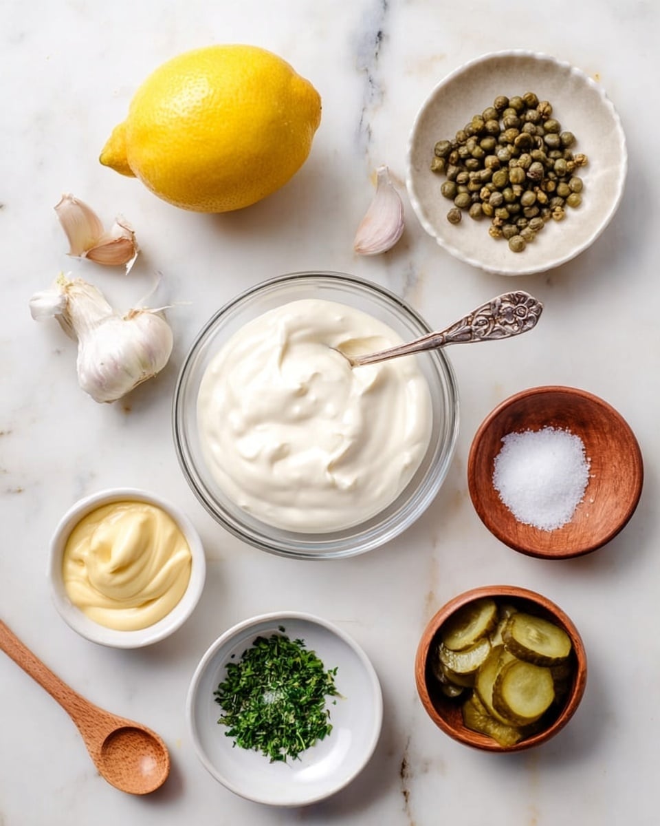 The image shows a white marbled surface with small bowls and dishes arranged in a loose circle. In the center are two clear glass bowls, one filled with creamy white sauce with a spoon inside, and the other with plain white cream. To the top left is a whole yellow lemon, and below it is a small white bowl with green capers. At the bottom left, there is a small white bowl with light yellow mustard, and next to it a wooden bowl of coarse salt. On the bottom right, a small white bowl contains chopped pickles, and above it a wooden bowl holds finely chopped green herbs. A wooden spoon holds some fine white powder, and a single clove of garlic lies near the lemon. The background is clean and bright. Photo taken with an iphone --ar 4:5 --v 7