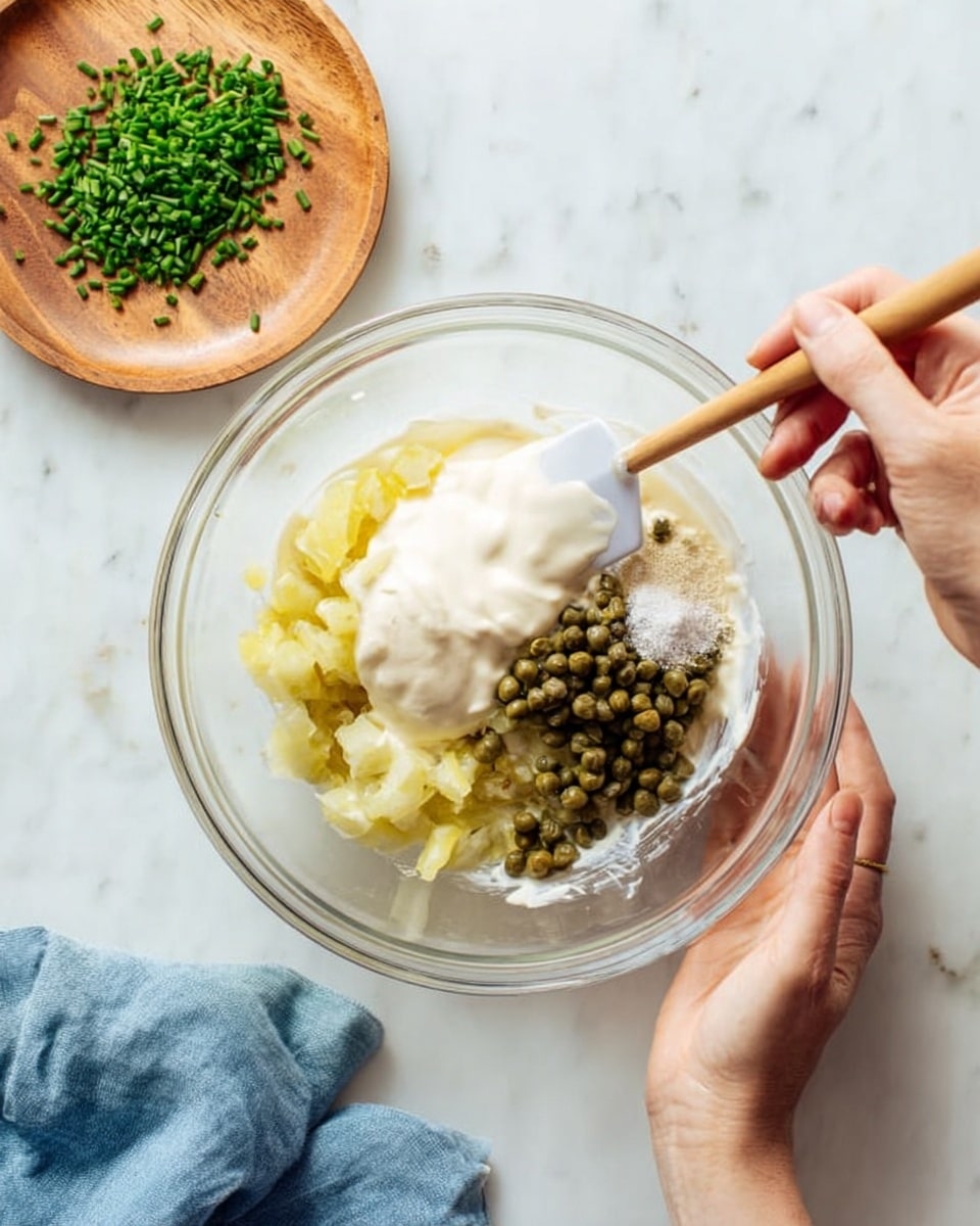 A clear glass bowl holds several ingredients ready to be mixed; there is a white creamy base which looks like mayonnaise, a light yellow layer of small diced pickles on the left side, a pile of small green capers on the right, and a small mound of white powder seasoning near the center. A woman's hand holds the bowl steady from below while another woman's hand uses a white spatula with a light wooden handle to stir the ingredients. Above the bowl is a small round wooden plate with chopped fresh green chives scattered on it. The scene is set on a white marbled surface with a soft blue cloth partially visible near the bottom left corner. photo taken with an iphone --ar 4:5 --v 7