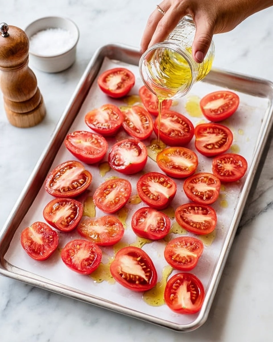 A silver baking tray holds about 24 tomato halves, each cut side up showing their bright red flesh and light green seeds inside. The tomatoes are spread evenly on the tray with a few drops of golden olive oil visible on the white parchment paper beneath them. A woman's hand is pouring olive oil from a small clear glass container onto the tomatoes. The tray is placed on a white marbled surface. Nearby, a wooden pepper grinder and a small white bowl with salt are partly visible. Photo taken with an iphone --ar 4:5 --v 7