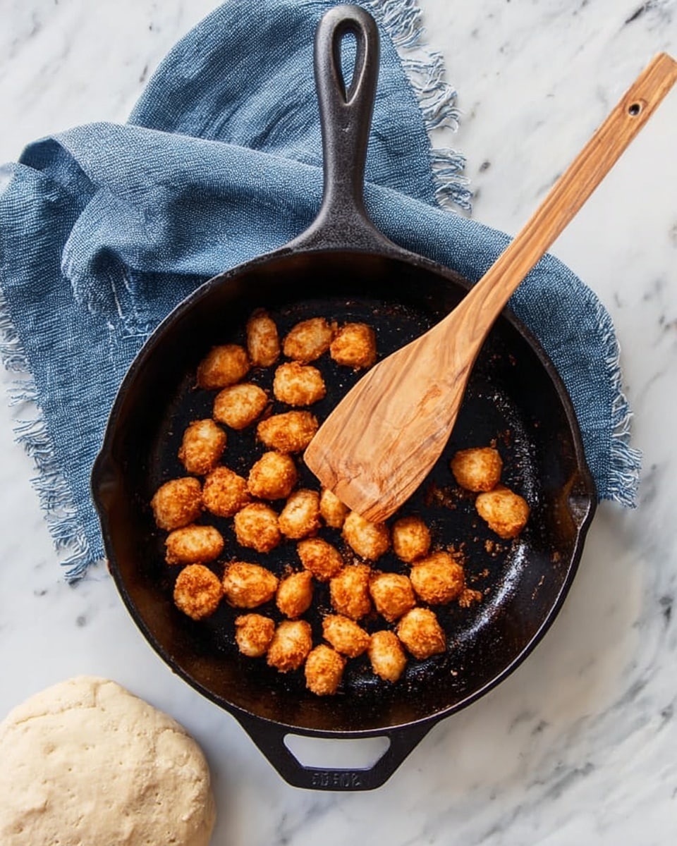A black cast iron pan holds small, round, golden-brown fried pieces spread evenly inside. A light wooden spatula rests on the pan, touching some of the pieces. The pan sits on a white marbled surface, with a blue cloth napkin folded and placed right behind the pan's handle. Below the pan, part of a round dough ball is visible on the white marbled surface. Photo taken with an iphone --ar 4:5 --v 7