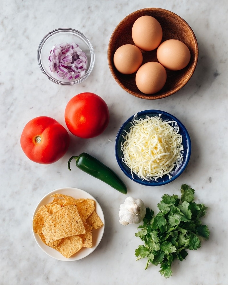 The image shows seven fresh ingredients arranged neatly on a white marbled surface. In the top right, there is a wooden bowl holding four brown eggs. To the left of the bowl, a small clear glass bowl contains finely chopped purple onions. Below, two red tomatoes sit next to a single green chili pepper and a peeled white garlic clove. A small white plate holds crushed tortilla chips, placed near a blue bowl filled with shredded white cheese. In the bottom right corner, a small bunch of fresh green cilantro adds a bright touch. The colors range from natural browns and reds to fresh greens and whites, creating a balanced look. photo taken with an iphone --ar 4:5 --v 7