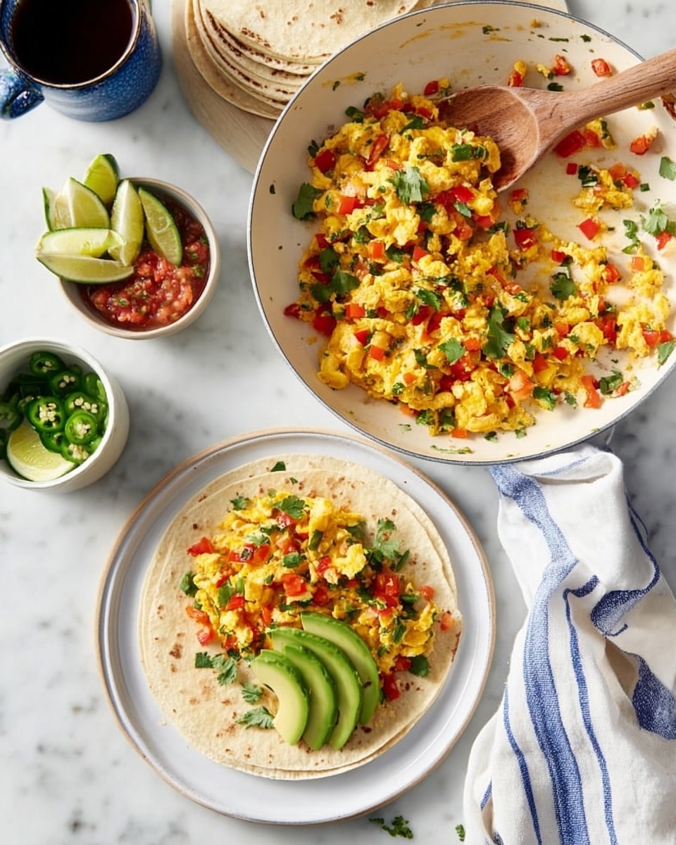 The image shows a white pan filled with scrambled eggs mixed with red and green bell peppers, diced tomatoes, and fresh green herbs, with a wooden spoon resting inside. Next to the pan, there is a white plate with a round tortilla topped with sliced avocado arranged in a fan shape and a serving of the scrambled egg mixture. On the side, a stack of tortillas is partially covered by a cream cloth with blue stripes. Small bowls hold sliced green chili, lime wedges, salsa, and a cup of coffee, all placed on a white marbled surface. Photo taken with an iphone --ar 4:5 --v 7