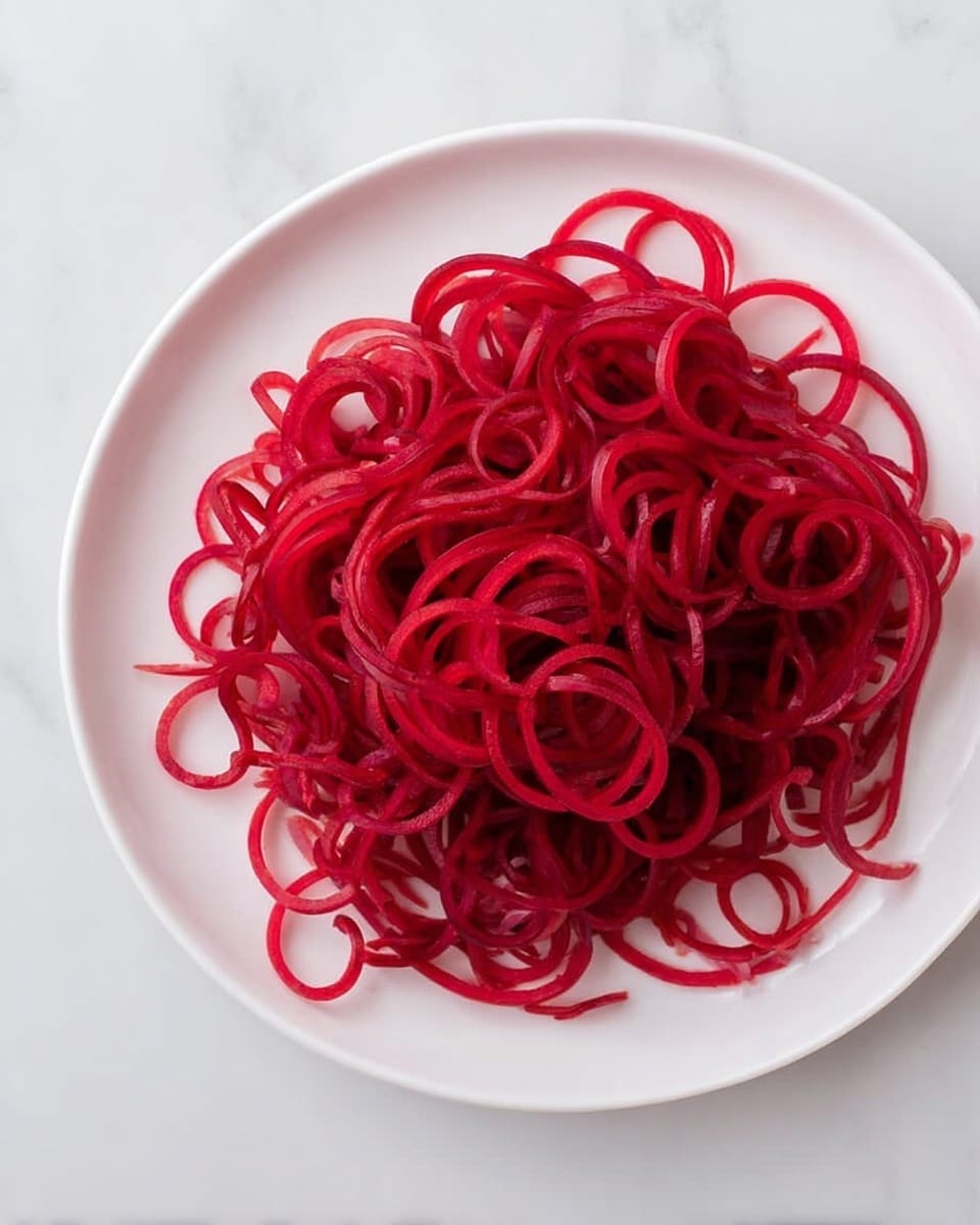 A white plate sits on a white marbled surface, holding one layer of bright red spiralized vegetable noodles that are thin and curly, filling most of the plate with their vibrant and slightly glossy texture. The spirals create a tangled but neat pile, showing various round loops and tight curls close together. Photo taken with an iphone --ar 4:5 --v 7
