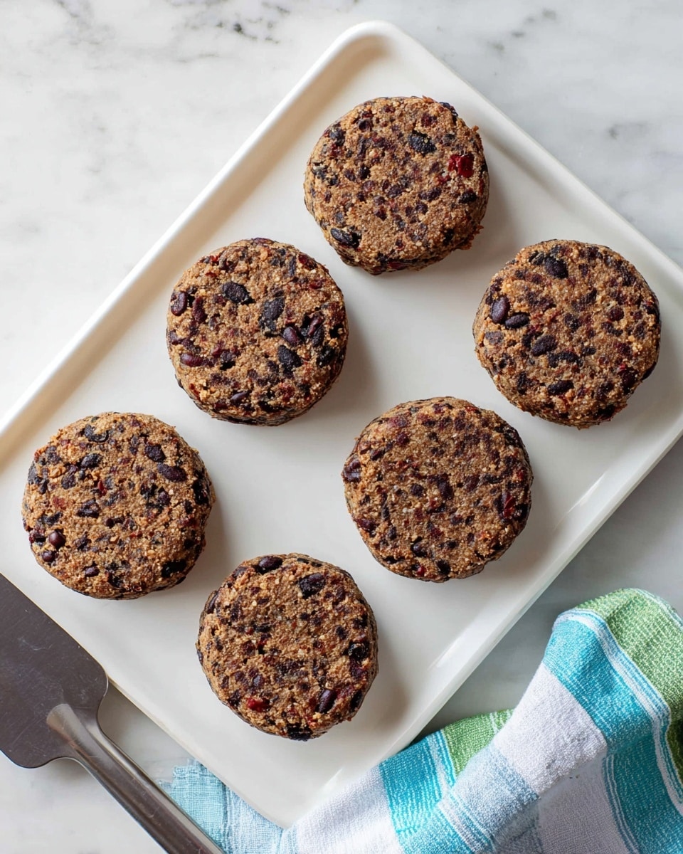 Five round patties with a coarse texture, speckled with dark beans and small red pieces, are evenly spaced on a white rectangular tray with a slight shine. The patties have a brownish-purple color with black bean bits visible throughout. The tray is placed on a white marbled surface. To the bottom right of the tray, there is a soft, crumpled blue cloth with green and white stripes. A metal spatula with a serrated edge is partially visible at the bottom left corner. photo taken with an iphone --ar 4:5 --v 7