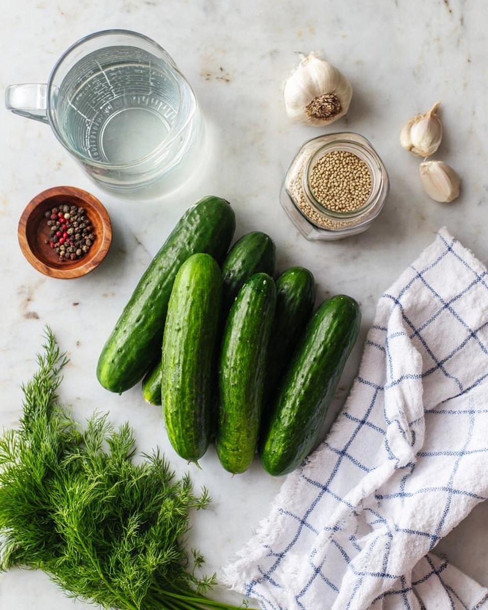 The image shows a white marbled surface with fresh cucumbers arranged on a white and blue checkered towel on the right side. Near the cucumbers, there is a small glass jar filled with mustard seeds lying on its side. To the left, there is a bunch of fresh green dill placed next to a whole garlic bulb. Above the garlic, there is a clear measuring cup filled with water, and in the top-left corner, a small wooden bowl holds mixed peppercorns. The setup has a clean, fresh look. photo taken with an iphone --ar 4:5 --v 7