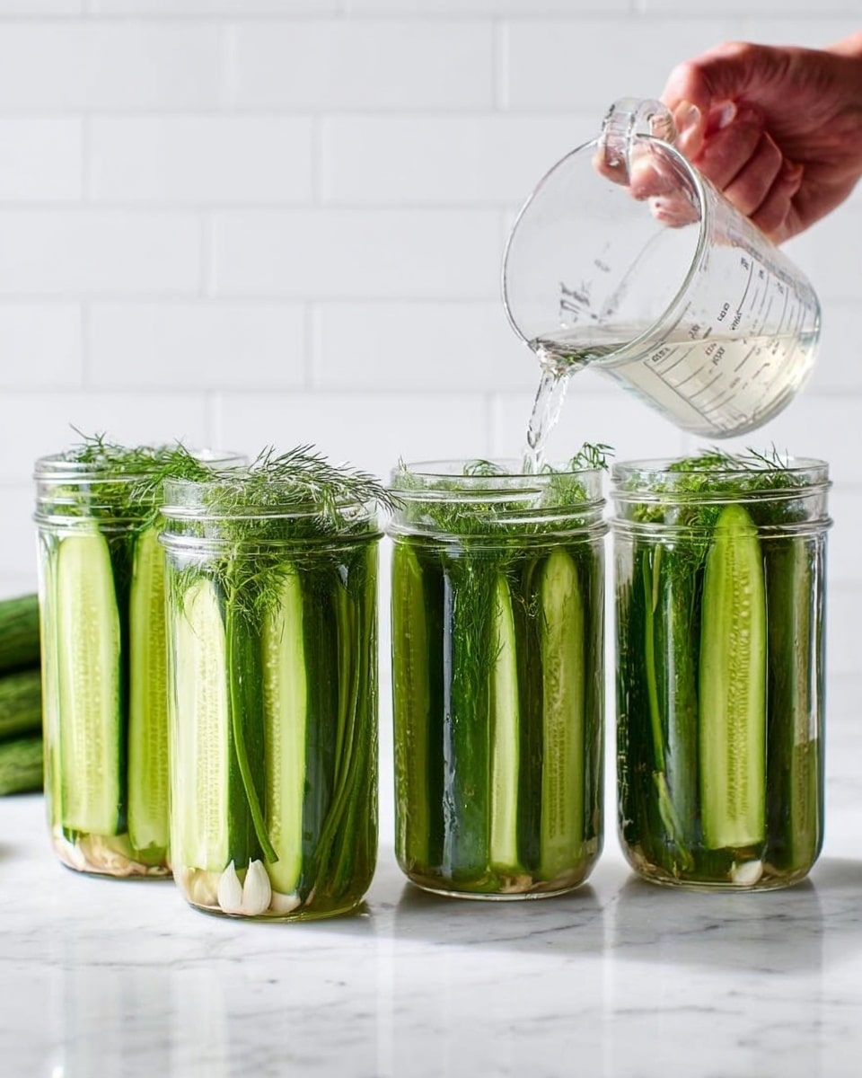 The image shows four tall clear glass jars arranged side by side on a white marbled surface. Each jar is filled with long green cucumber slices standing vertically, tightly packed. Inside the jars, there are sprigs of fresh dill and a few garlic cloves visible among the cucumbers. A woman's hand is pouring a clear liquid into the second jar from the right using a clear measuring cup. The bright, clean background features white tiles, highlighting the fresh and crisp look of the pickling jars. photo taken with an iphone --ar 4:5 --v 7