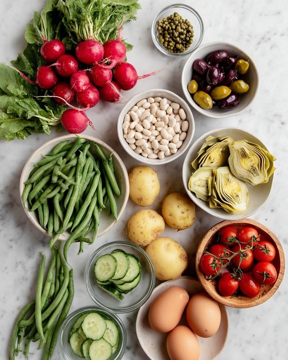 The image shows a variety of fresh ingredients arranged on a white marbled surface. Starting from the top left, there is a bunch of radishes with bright red round roots and green leafy tops. Below the radishes, a white bowl filled with small white beans is placed. Next to it, a white bowl contains dark purple and green olives. To the right of the olives, a white bowl holds pale yellow artichoke quarters with visible layers and texture. Beside the artichokes, three small round yellow potatoes rest directly on the surface. At the bottom left, a pile of fresh green beans is spread out, showing their long, slender shape. Above the green beans, a small glass bowl holds tiny green capers. Near the center bottom, a white bowl is filled with sliced cucumber half-moons showing a light green interior and darker green skin. To the right, a wooden bowl contains three brown eggs with smooth shells, next to a cluster of small red cherry tomatoes still attached to the vine. Photo taken with an iphone --ar 4:5 --v 7