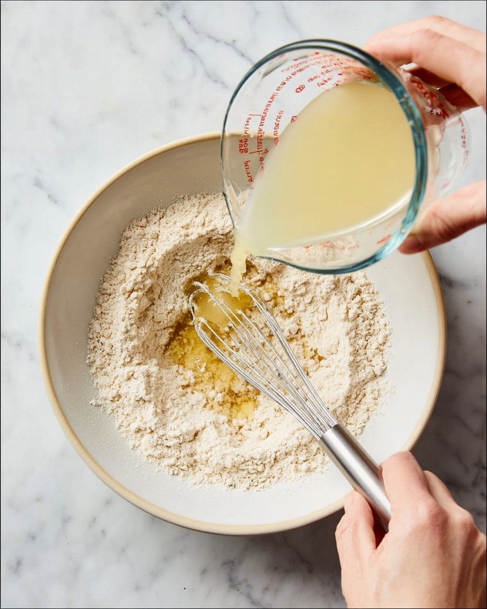 A white bowl filled with light beige dry flour, with a pale yellow liquid being poured from a clear glass measuring cup into the center of the flour. A silver whisk held by a woman's hand is stirring the mixture inside the bowl. The scene is set on a white marbled surface. Photo taken with an iphone --ar 4:5 --v 7