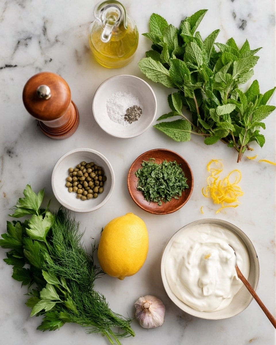 The image shows a white marbled surface with several ingredients neatly arranged. Starting from the top center, there is a wooden pepper grinder next to a small bottle of olive oil. Below them, a bright yellow lemon sits in the middle. To the left, there are three small white bowls, one filled with capers, another with chopped green herbs, and a third holding salt on a wooden dish. Fresh green herbs, including parsley, mint, dill, and tarragon, are spread out below these bowls. On the bottom right, a white bowl contains creamy white yogurt with a wooden spoon resting inside. Near the yogurt bowl is a small dish with lemon zest and a single garlic clove lies close by. The photo taken with an iphone --ar 4:5 --v 7