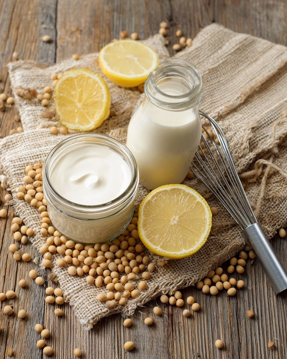 The image shows a rustic wooden table with a piece of beige burlap cloth spread diagonally. On the burlap cloth and table are many light brown soybeans scattered around. There is a glass jar filled with smooth white soy milk and beside it is a glass container with thick, creamy white soy yogurt. Two lemon halves with bright yellow color and visible texture are placed near the soybeans. A silver metal whisk lies on the table, partially on the burlap. The whole setup looks natural and fresh, with soft daylight highlighting the details. Photo taken with an iphone --ar 4:5 --v 7