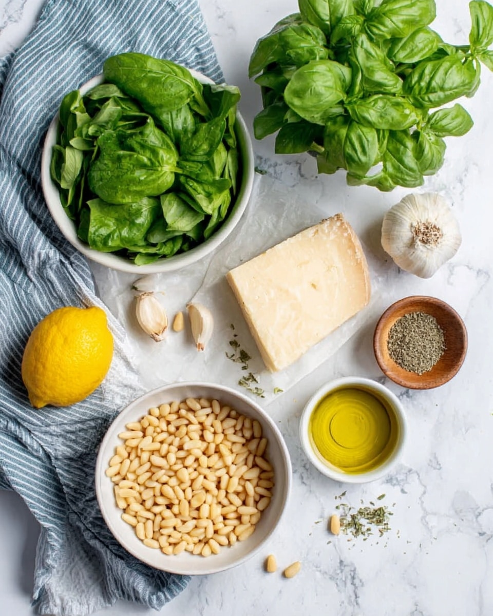 The image shows a white marbled surface with various fresh ingredients neatly arranged. There are two white bowls filled with bright green basil leaves, a white bowl packed with light yellow pine nuts, a wedge of pale yellow cheese with a rough texture, a few garlic cloves near a blue and white striped cloth, a small lemon, and two small brown bowls containing coarse seasoning and clear olive oil. The overall scene is bright and clean, with each ingredient clearly visible and placed in an organized way. Photo taken with an iphone --ar 4:5 --v 7
