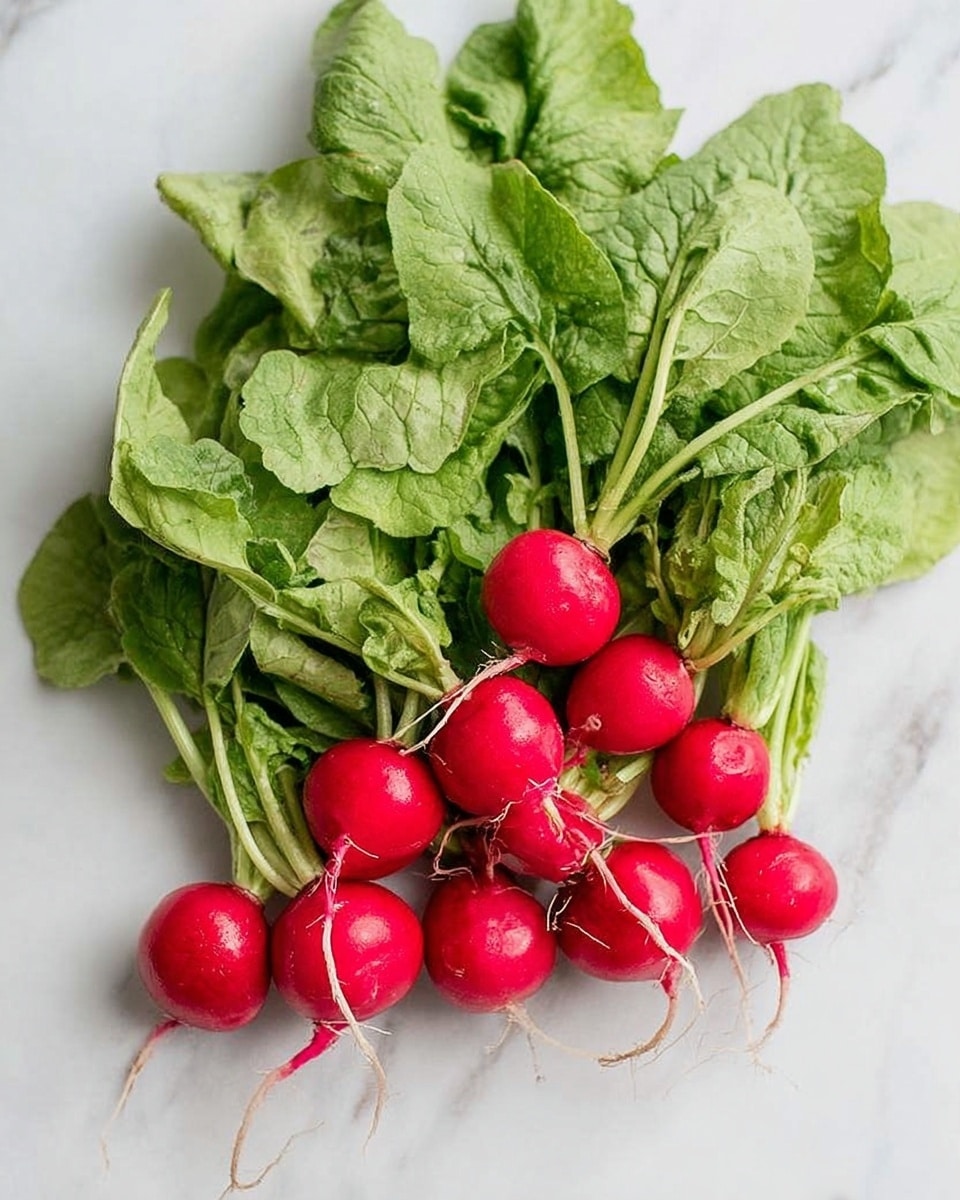 There is a bunch of fresh radishes with their green leafy tops attached. The radishes are bright red with smooth round shapes, and their thin white roots are visible. The green leaves are large and slightly crinkled, spreading out above the radishes. They are all placed on a white marbled surface in a loose cluster. photo taken with an iphone --ar 4:5 --v 7