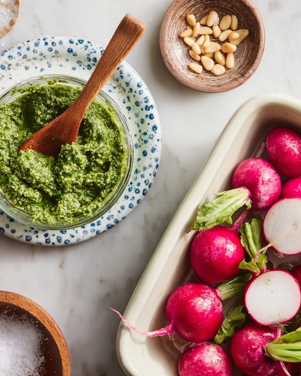 The image shows two parts: on the left, a small clear glass bowl filled with green pesto that has a chunky texture, with a wooden spoon resting inside the bowl. Nearby, a round white plate with blue dots around the edge holds more green pesto. Around these, there is a wooden bowl with coarse salt and some pine nuts in a small glass bowl. On the right side, there is a white ceramic dish holding whole bright pink radishes with green tops, and one radish is sliced in half, showing its white inside. The dishes are placed on a white marbled surface photo taken with an iphone --ar 4:5 --v 7
