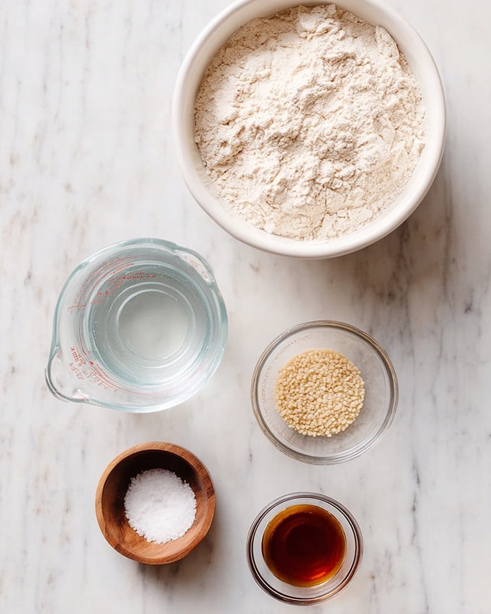 The image shows five baking ingredients arranged on a white marbled surface. At the top right is a large white bowl filled with light beige flour. Below it to the left is a clear glass measuring cup filled with water. To the right of the measuring cup is a small clear glass bowl with small beige yeast granules. Next to the yeast bowl on the right is another small clear glass bowl holding dark amber liquid, likely vanilla or syrup. At the bottom center is a small wooden bowl containing white salt. The materials have soft, natural lighting. Photo taken with an iphone --ar 4:5 --v 7