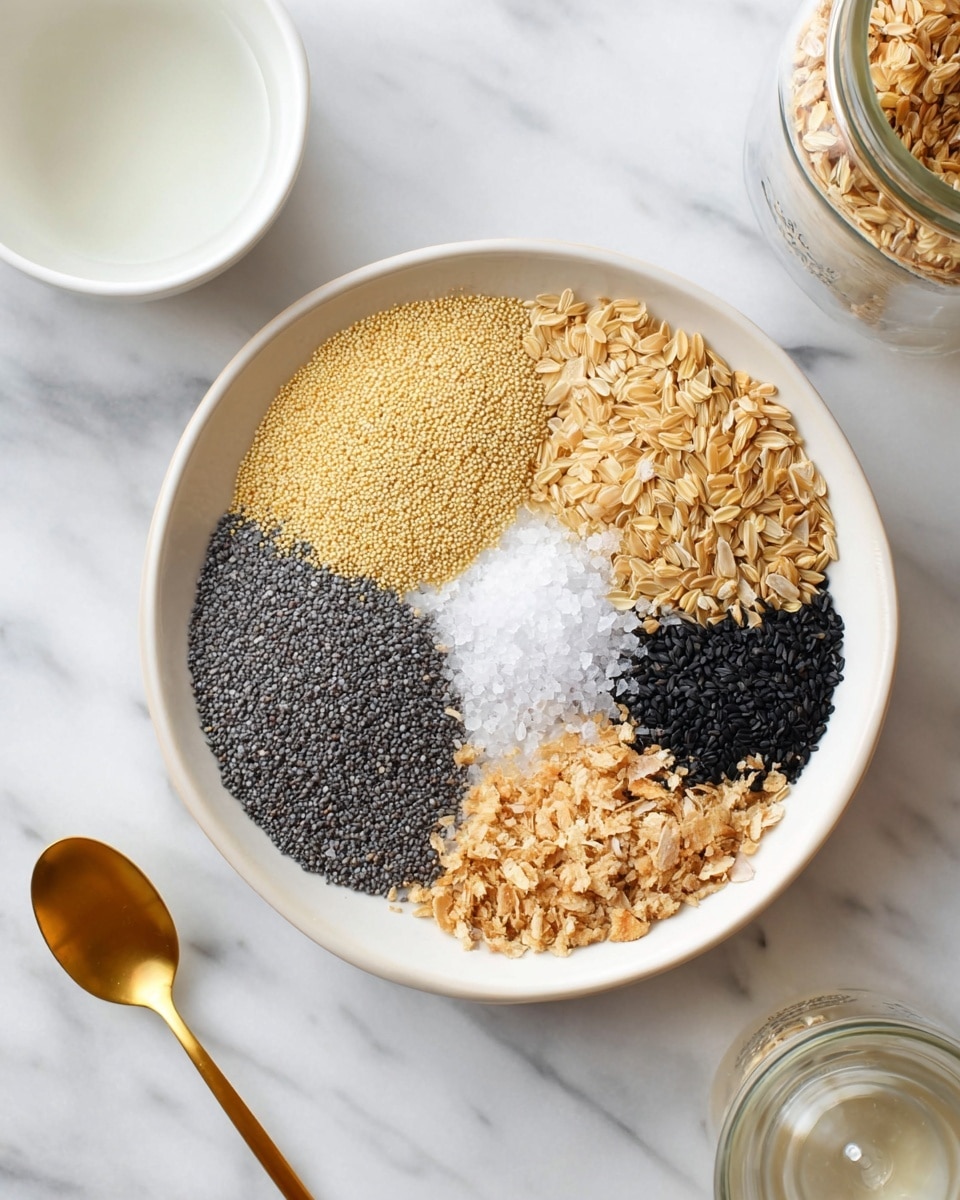 A white shallow bowl is filled with six different piles of small ingredients arranged like pie slices closely touching each other. Starting from the top and going clockwise, there is a pale yellow layer of small round grains, followed by a light tan pile of chopped flakes, then a black seed section filled with tiny poppy-like seeds. The center is covered by a small mound of coarse white salt crystals. Next to the salt is a very dark pile of small black seeds, and lastly, a pale brown layer of crushed nuts or flakes. The bowl sits on a white marbled surface. Nearby, there's a white bowl with clear liquid and a gold spoon at the bottom right. A glass jar with more of the chopped flakes is partly visible on the right side. Photo taken with an iphone --ar 4:5 --v 7