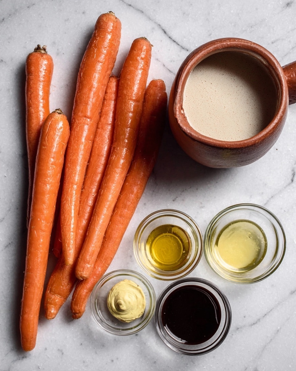 The image shows a white marbled surface with seven whole orange carrots placed loosely on the left side. To the right of the carrots, there is a small brown earthenware pot filled with a white liquid. Below the pot, four small clear glass bowls are arranged in a loose row, each containing different ingredients: light yellow mustard, pale yellow oil, a dark thick sauce, and a dark thin sauce. The textures are smooth and the colors are natural and earthy. Photo taken with an iphone --ar 4:5 --v 7