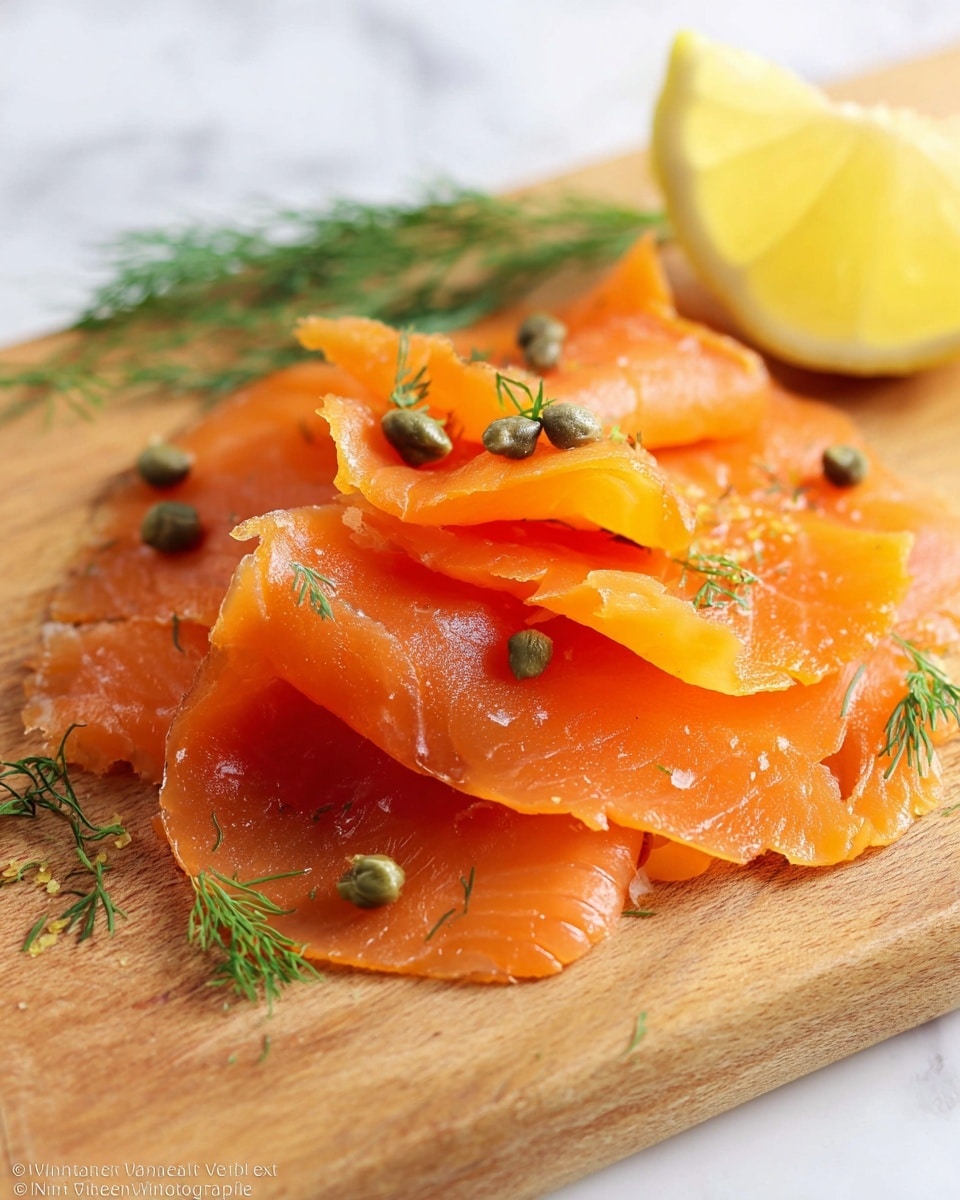 The image shows a stack of thin, bright orange salmon slices arranged loosely on a wooden board. The salmon layers have a smooth and slightly shiny texture, with a few green capers scattered on top and between the slices. There are small sprigs of fresh dill placed around and on the salmon. A thick wedge of lemon with visible juicy segments rests near the top right corner, adding a fresh yellow contrast. The background is a white marbled texture. Photo taken with an iphone --ar 4:5 --v 7