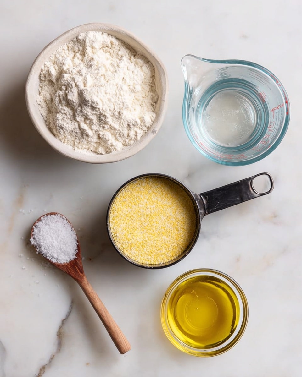 The image shows five ingredients placed on a white marbled surface. On the top left is a white bowl filled with white flour, with a rough texture on its surface. To the right of the bowl is a glass measuring cup with clear water, its blue tint visible in the glass. Below, near the center, is a black measuring cup filled with yellow cornmeal, small granules visible with some spilled around the cup. At the bottom left is a small wooden spoon holding white salt. Finally, on the bottom right is a small, round glass bowl filled with golden yellow olive oil, smooth and shiny on top. Photo taken with an iphone --ar 4:5 --v 7