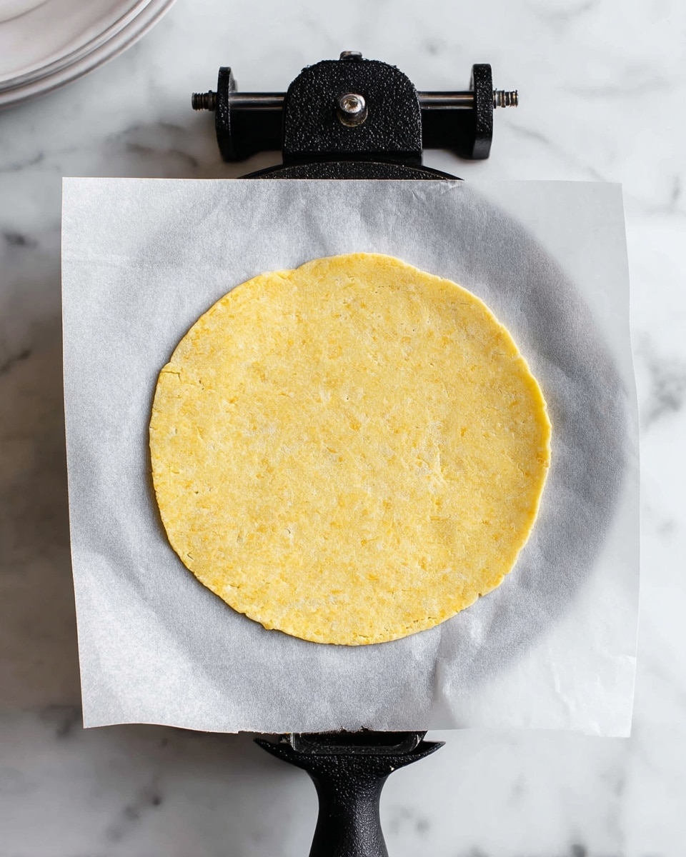 A single round, flat, yellow dough circle with a slightly rough texture lies on a square piece of white parchment paper. The parchment paper is placed on a black cast iron press with a handle extended downward. The black press has a textured surface and a hinge at the top. The whole setup is resting on a white marbled surface, with part of a white plate visible on the left side. The dough circle is evenly thick and the image is brightly lit. photo taken with an iphone --ar 4:5 --v 7