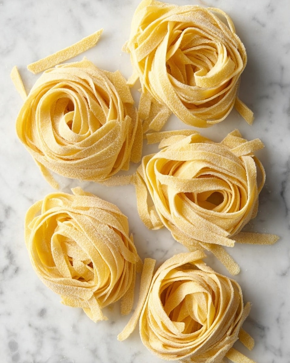 The image shows five nests of pale yellow fresh pasta ribbons arranged on a white marbled surface. Each nest is loosely coiled, with flat, wide pasta strands that have a smooth, slightly rough texture. The pasta strands overlap each other in layers, creating a soft swirl shape with some ends sticking out freely. The white marble background has subtle grey veins that add contrast to the light-colored pasta. Photo taken with an iphone --ar 4:5 --v 7
