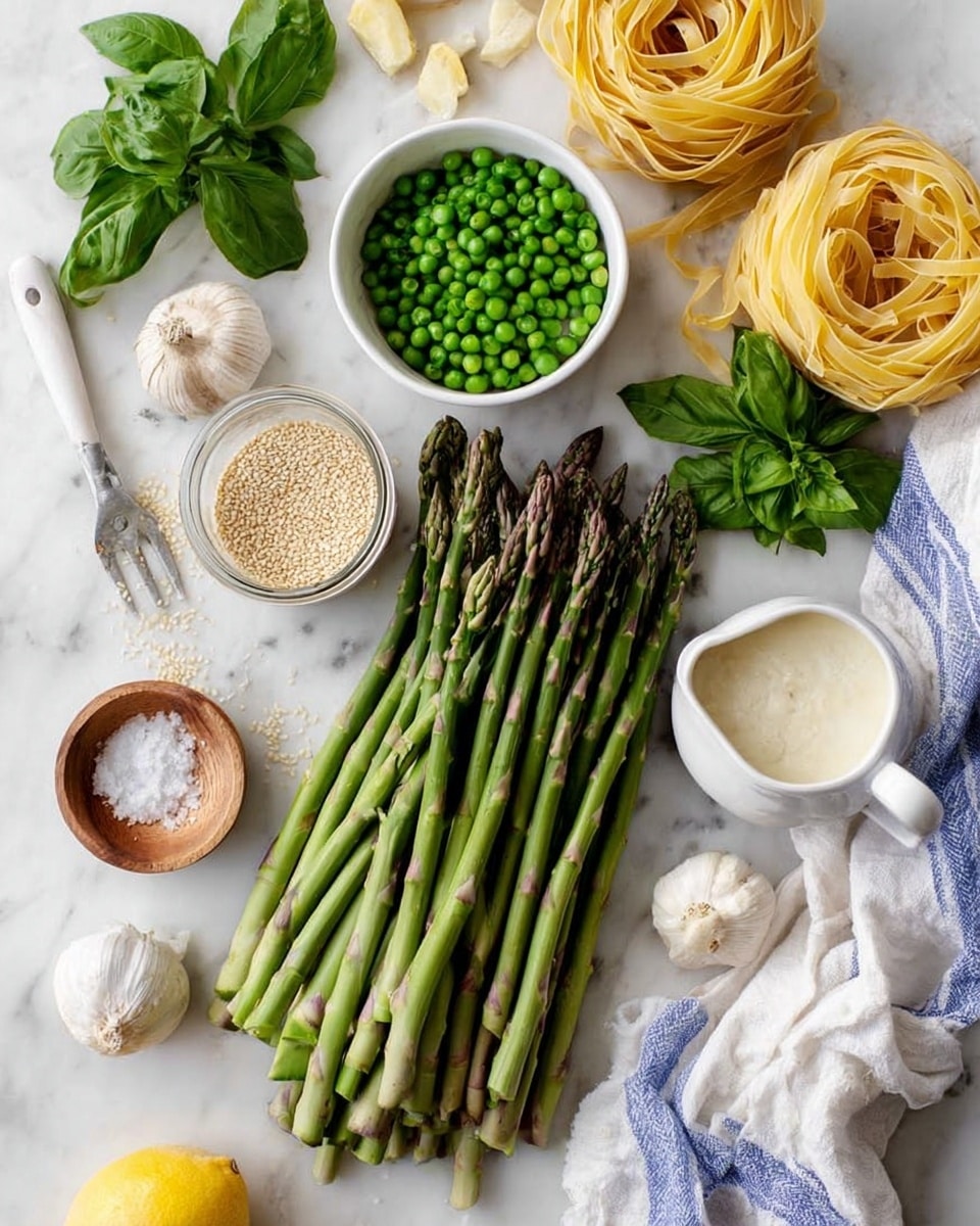 The image shows fresh ingredients arranged on a white marbled surface. In the center, there is a large bunch of green asparagus with purple tips lying horizontally. Above the asparagus, three nests of uncooked yellow pasta are placed next to a bowl of green peas, a small jar of sesame seeds with a white measuring spoon, and a small white pitcher filled with a creamy white sauce. Fresh green basil leaves and other herbs are scattered on the left side, with a small wooden bowl containing salt nearby. On the right bottom corner, a white cloth with blue stripes is partially visible. A whole lemon and some garlic cloves are placed near the top of the image. photo taken with an iphone --ar 4:5 --v 7