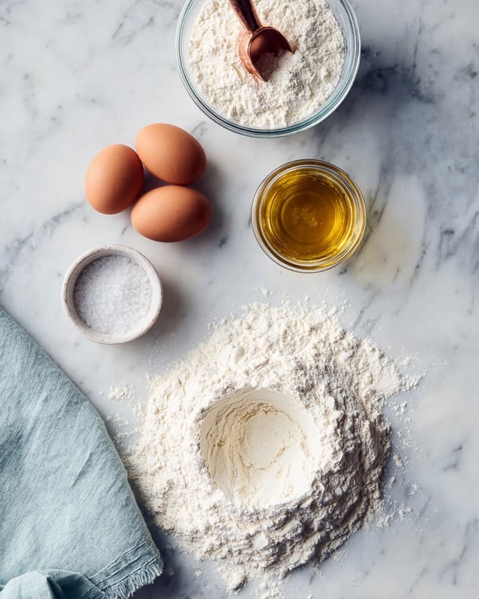 The image shows a white marbled surface with a pile of white flour shaped like a ring with an empty center in the middle right. Above it is a small clear glass jar of golden liquid, likely oil. To the left are three brown eggs placed close together on the white marbled surface. Above the eggs is a clear glass container filled with flour with a copper scoop inside. Below the eggs is a small round white bowl filled with white salt. A folded light blue cloth is placed on the left side near the eggs and salt bowl. photo taken with an iphone --ar 4:5 --v 7