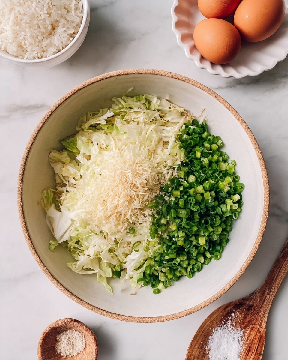 The image shows a white bowl with a light brown rim placed on a white marbled surface. Inside the bowl, there are two main layers side by side: on the left, a heap of pale shredded cabbage with some slightly larger pieces on top, and on the right, a pile of finely chopped green onions creating a vibrant green patch. Surrounding the bowl, there is a small bowl filled with white rice on the top left and a white scalloped plate holding three brown eggs on the bottom right. Near the bottom edge, there is a wooden spoon with coarse white salt or seasoning visible. The background and surface are clean with a soft white marble texture. photo taken with an iphone --ar 4:5 --v 7