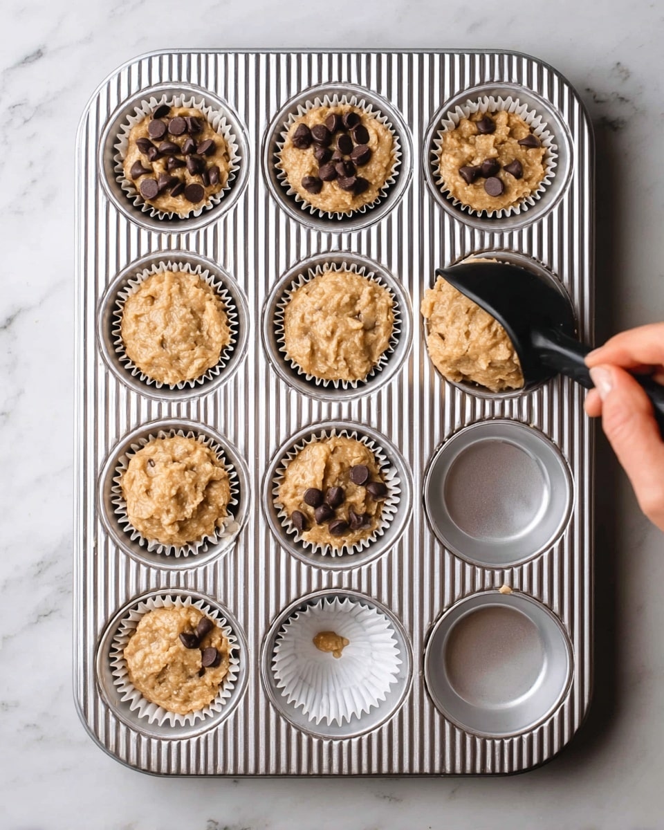 A silver metal muffin tray with 12 cups lined with white paper wrappers holds light brown muffin batter with a chunky texture inside eight cups, some topped with dark brown chocolate chips, and the remaining four cups are empty but lined with white paper. On the right, a woman's hand holds a black ladle filled with the same batter over one empty cup. The tray rests on a white marbled surface. photo taken with an iphone --ar 4:5 --v 7