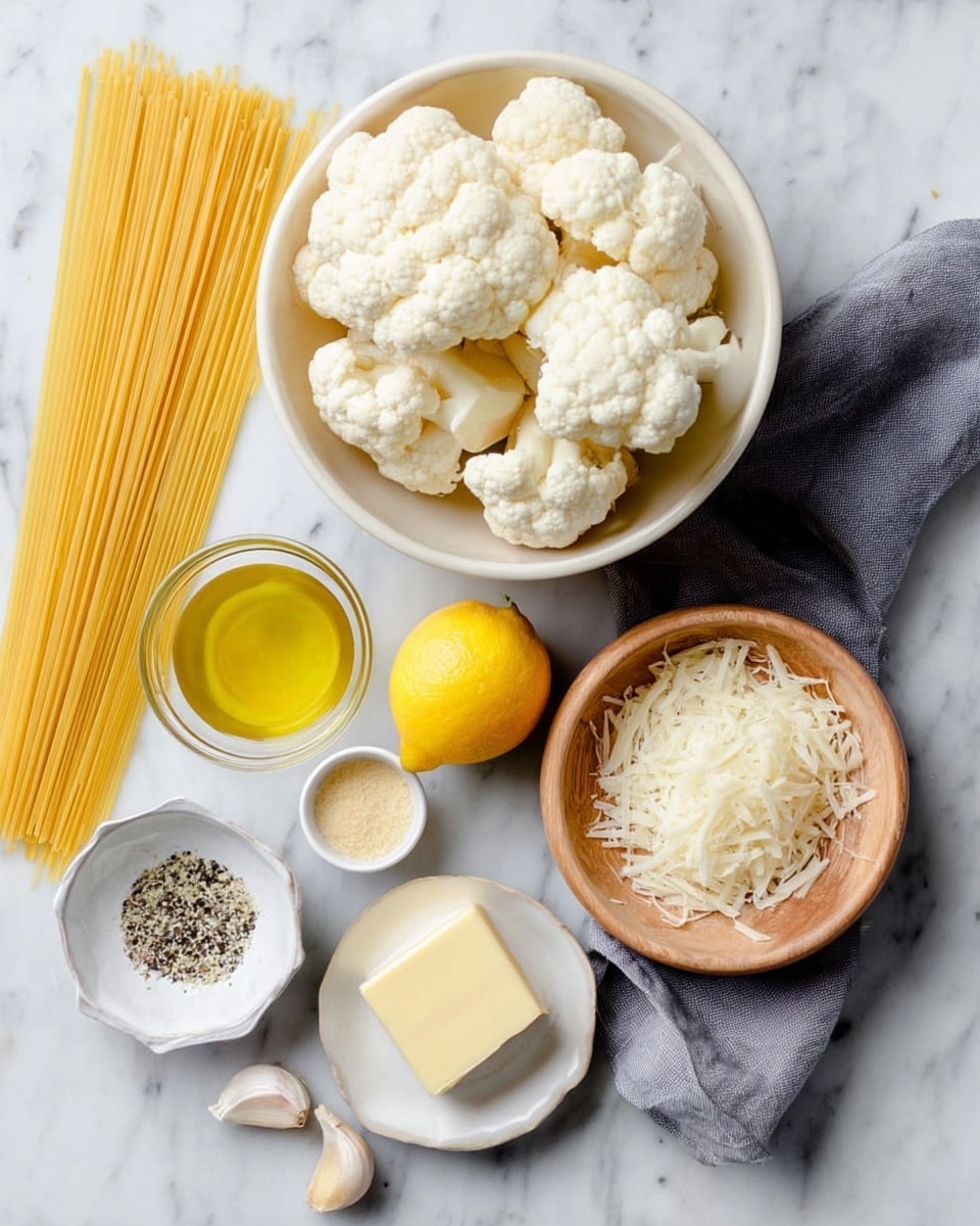 The image shows several ingredients arranged neatly on a white marbled surface. At the top center, there is a white bowl filled with large white cauliflower pieces with a slightly rough texture. To the right, there is a light wooden bowl filled with shredded white cheese. Below the wooden bowl, a white small dish holds a square piece of pale yellow butter. To the left of the butter, there is a whole yellow lemon, and next to the lemon, there is a small white dish containing a mix of black and white pepper. Above the lemon, a small white dish has a small amount of pale beige mustard. To the left of the mustard dish, a small glass jar filled with golden yellow oil is placed. At the far left, there are uncooked yellow spaghetti strands neatly laid out. Two cloves of garlic lie near the center above the butter. A folded grey cloth is positioned on the lower right side of the image. The photo is taken with an iphone --ar 4:5 --v 7