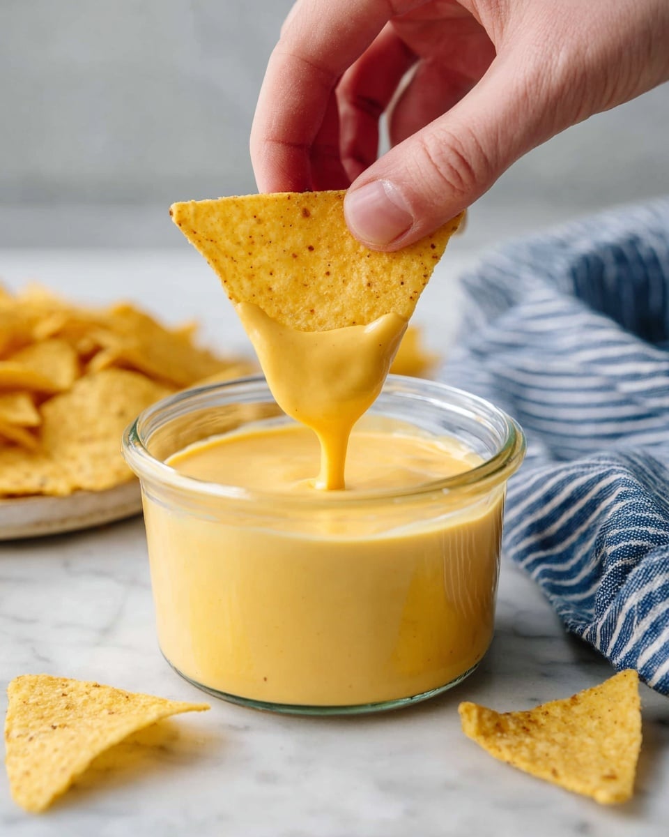 A clear glass container filled with smooth, creamy yellow cheese sauce sits on a white marbled surface. A woman's hand is dipping a triangular, crispy corn chip halfway into the cheese sauce, with the sauce dripping slightly from the chip. Around the container, there are more corn chips scattered casually. A folded blue and white striped cloth sits close to the container on the right side. The background is soft and out of focus. photo taken with an iphone --ar 4:5 --v 7