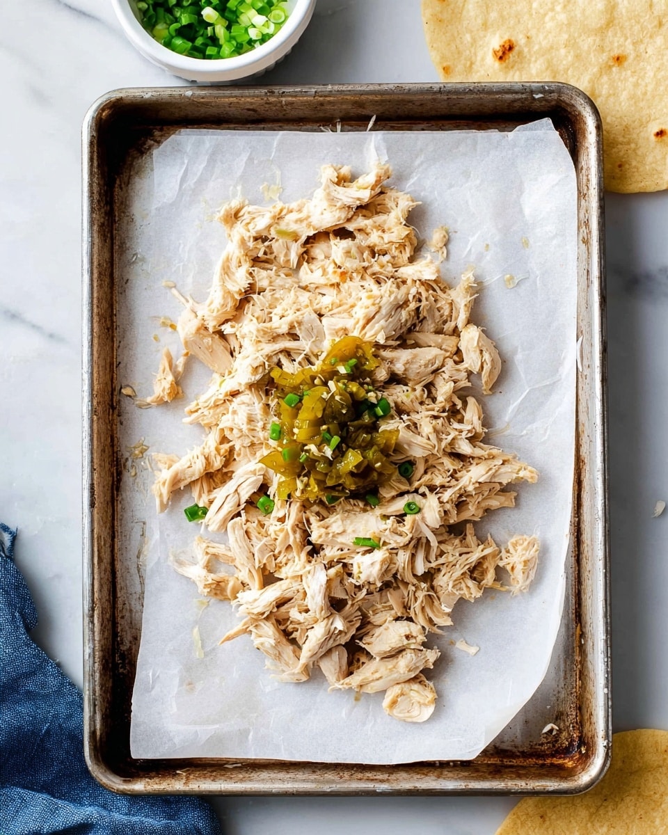 A metal baking tray lined with white parchment paper holds a pile of shredded, cooked pale beige chicken pieces with a small mound of chopped green chili peppers placed slightly on top in the center. The tray sits on a white marbled surface with a small white bowl of chopped green onions visible at the top left corner and part of a tortilla on the bottom right. A blue cloth is partially shown at the bottom left. Photo taken with an iphone --ar 4:5 --v 7