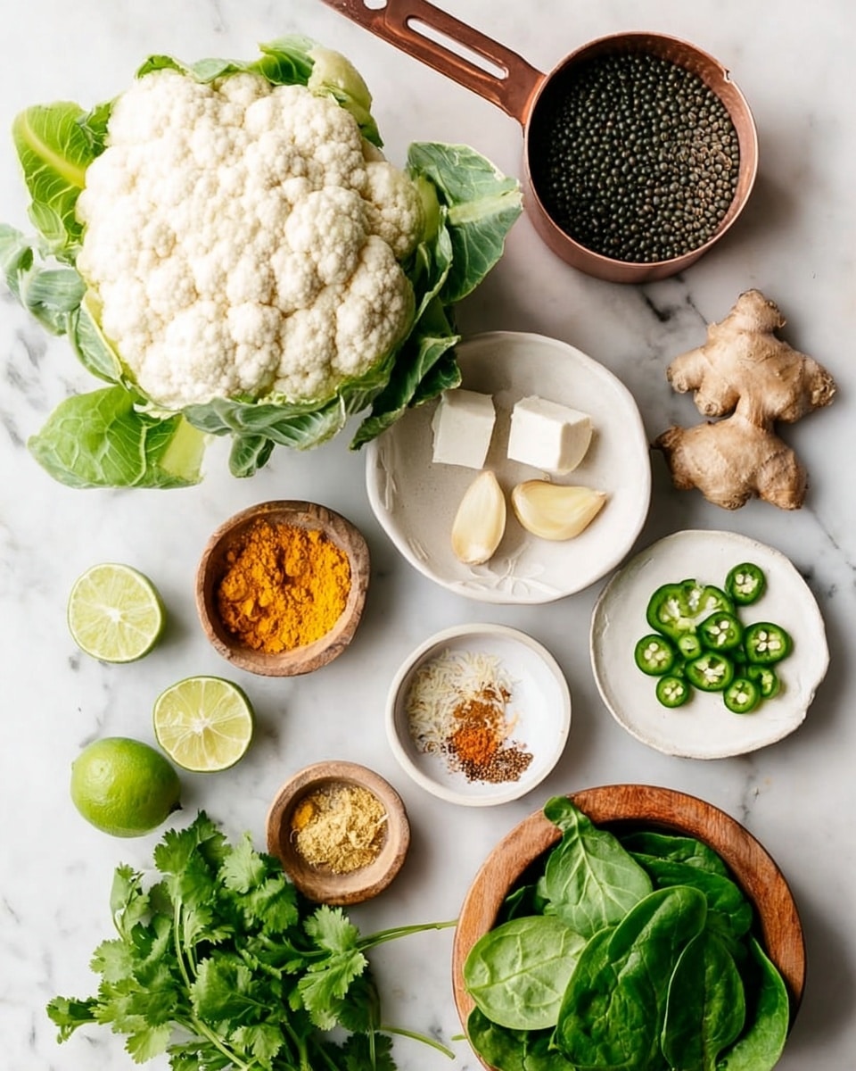 A white marbled surface holds an arrangement of fresh cooking ingredients: a large white cauliflower with green leaves in the top left, next to a copper measuring cup filled with black lentils. Below that is a small white bowl with bright orange turmeric powder and a wooden bowl with sliced green chili peppers. There is a white bowl with two spices, one brown and one golden yellow, above two pale garlic cloves. To the right are bright green cilantro sprigs and a light wooden bowl filled with fresh spinach leaves, with a few leaves scattered nearby. Fresh ginger root rests near two lime halves, and a small white bowl with white cubed paneer completes the collection. The whole setup is simple and neat, photo taken with an iphone --ar 4:5 --v 7