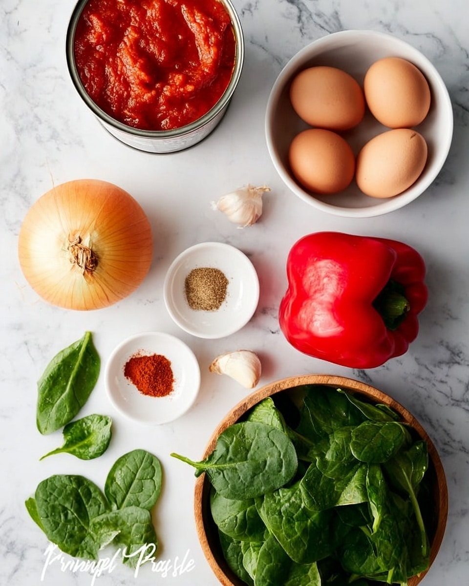 The image shows several cooking ingredients arranged on a white marbled surface. There is an open can of thick red tomato sauce at the top left, a whole yellow onion with a papery outer layer to its left, and a fresh red bell pepper placed in the center. On the right side, a white bowl holds four brown eggs. Below the eggs, a few garlic cloves rest beside a small white dish with three different spices in red, brown, and beige shades. At the bottom, a wooden bowl is filled with fresh green spinach leaves, with some loose spinach leaves scattered on the surface nearby. The overall look is clean, colorful, and natural, with light highlighting the freshness of the ingredients. photo taken with an iphone --ar 4:5 --v 7