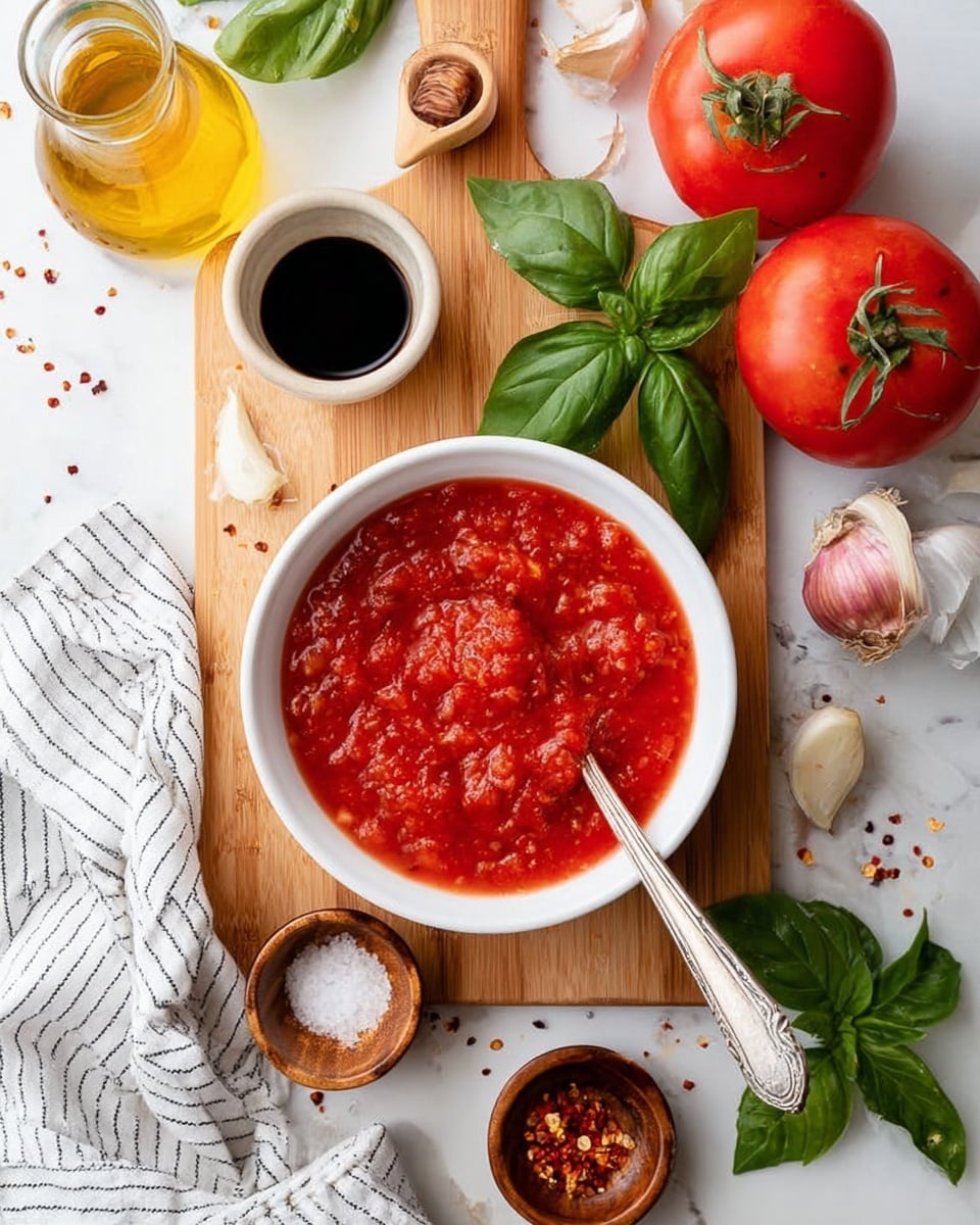 A white bowl filled with thick red tomato sauce sits in the center on a light wooden cutting board. A silver spoon rests inside the sauce, showing its textured chunks. Around the bowl, there are fresh ingredients including two large bright red tomatoes, several green basil leaves, one whole garlic bulb, and a shallot with purplish skin. Small wooden bowls hold red pepper flakes and coarse salt. A small white bowl contains dark balsamic vinegar, positioned near the garlic. A clear glass jar with golden olive oil is to the left, next to a white and black striped cloth napkin. All items rest on a white marbled surface surrounding the cutting board. Photo taken with an iphone --ar 4:5 --v 7
