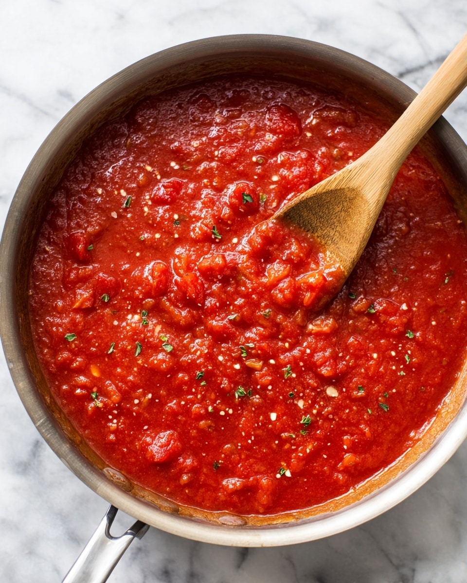 A round silver pan filled with a thick, bright red tomato sauce that has small pieces of tomato and bits of onion throughout. The sauce is sprinkled with small green herb pieces, likely parsley or basil, adding a fresh touch on top. A wooden spoon rests inside the pan, partly submerged in the sauce, stirring it gently. The pan is placed on a white marbled surface that gives a clean and simple background. The light reflects softly on the sauce, showing its rich and slightly chunky texture photo taken with an iphone --ar 4:5 --v 7
