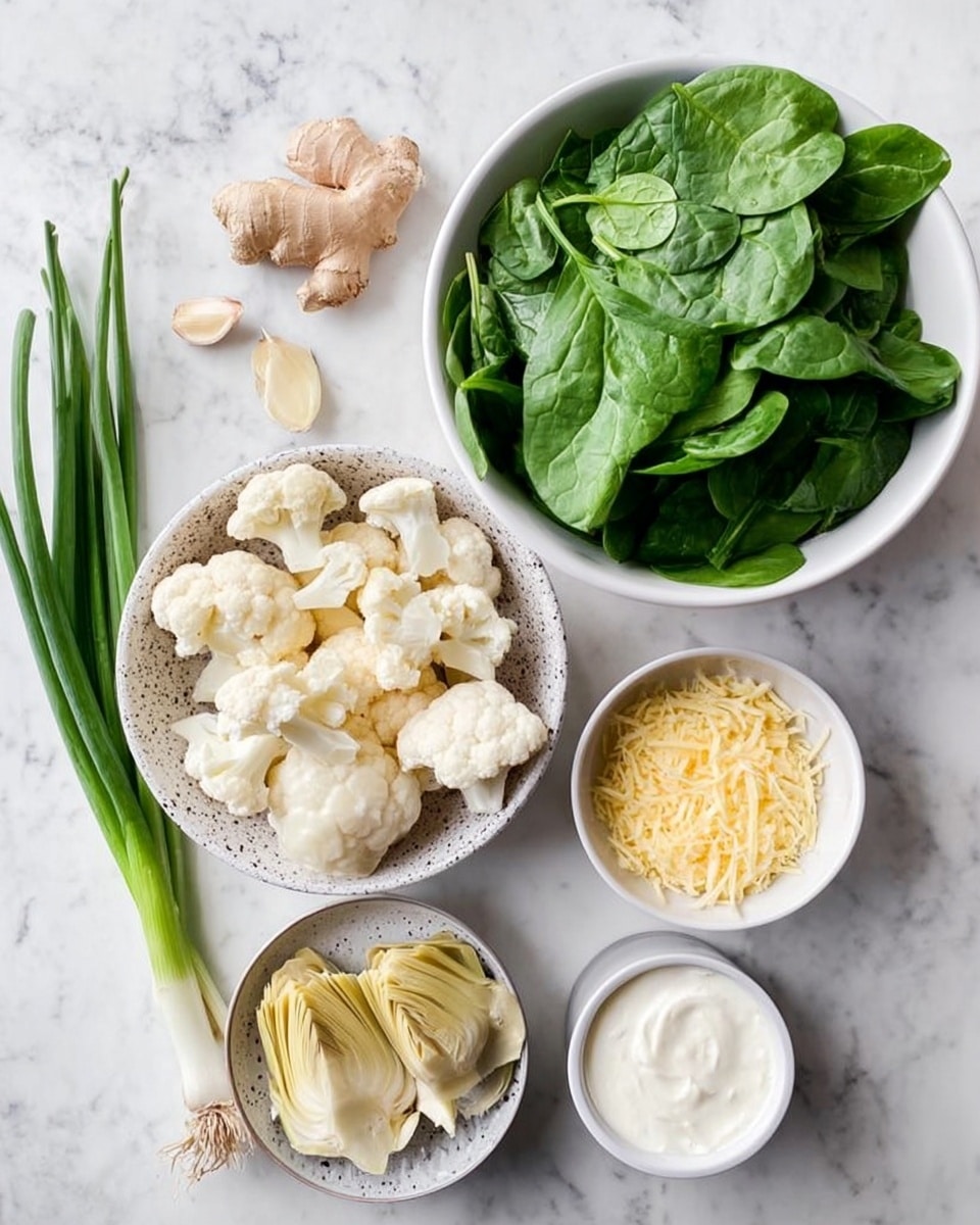 The image shows six separate bowls and ingredients arranged on a white marbled surface: a large white bowl filled with fresh green spinach leaves, a medium speckled off-white bowl with large pieces of cauliflower, a smaller white bowl holding peeled artichoke hearts, and a small white bowl with grated yellow cheese. There is also a small white cup containing white creamy yogurt or sour cream, a small plate with a piece of ginger, and three cloves of garlic placed directly on the surface. A bunch of fresh green onions lies next to the bowls on the left side. All items are clean and neatly placed, creating a bright and fresh look. Photo taken with an iphone --ar 4:5 --v 7