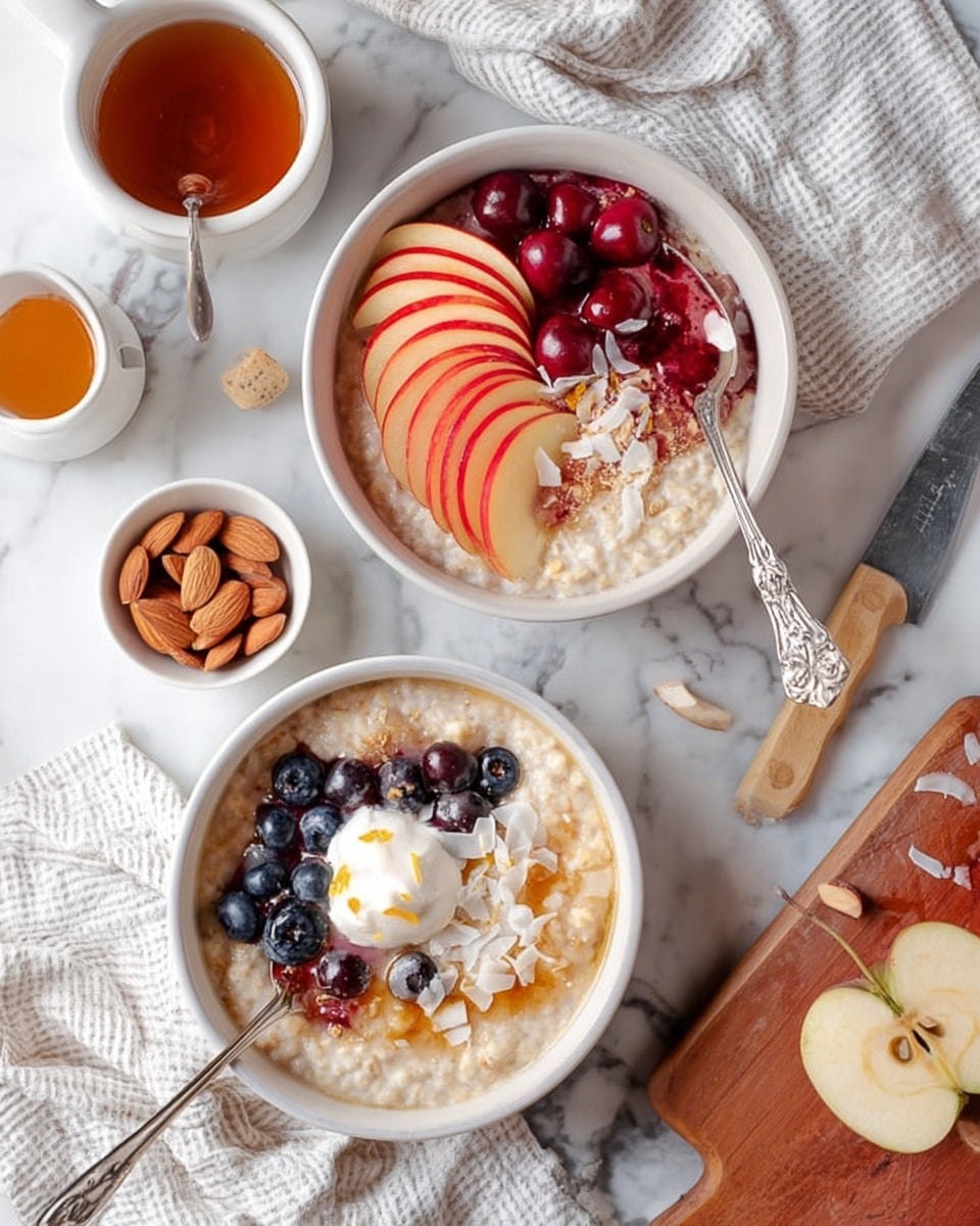 Two white bowls of oatmeal are placed on a white marbled surface with a white and black striped cloth nearby. The bowl at the top right has a creamy oatmeal base topped with thin red apple slices arranged in a fan shape on one side, bright red cherries piled in the center, and chopped almonds scattered on the other side. A silver spoon with intricate design is partially placed inside this bowl. The bottom left bowl has creamy oatmeal topped with a cluster of fresh blueberries, thin white coconut flakes, a dollop of white cream or yogurt, and thin orange peel zest curls. Around the bowls, there is a wooden spoon filled with chopped almonds, a small white cup with golden honey, a cup of tea with a tea bag inside, a silver teaspoon, a wooden cutting board with an apple with slices cut from it, and a large knife with a beige handle. The photo taken with an iphone --ar 4:5 --v 7