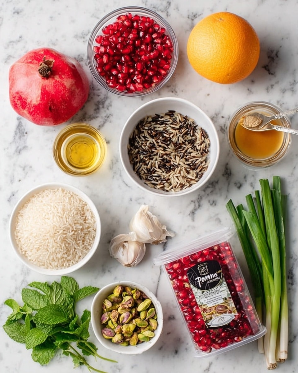 A top view of various fresh ingredients arranged on a white marbled surface: a whole red pomegranate on the left, a small glass bowl of bright red pomegranate seeds at the top center, a halved orange with a bright orange color at the top right, a glass jar of light golden olive oil at the top left, a white bowl filled with brown and black wild rice at the top right, beside it a small glass bowl of golden honey with a spoon inside, a white bowl filled with uncooked long grain white rice at the bottom left, a small glass bowl of chopped green pistachios near the middle right, a clear plastic container of fresh red pomegranate arils with a label reading