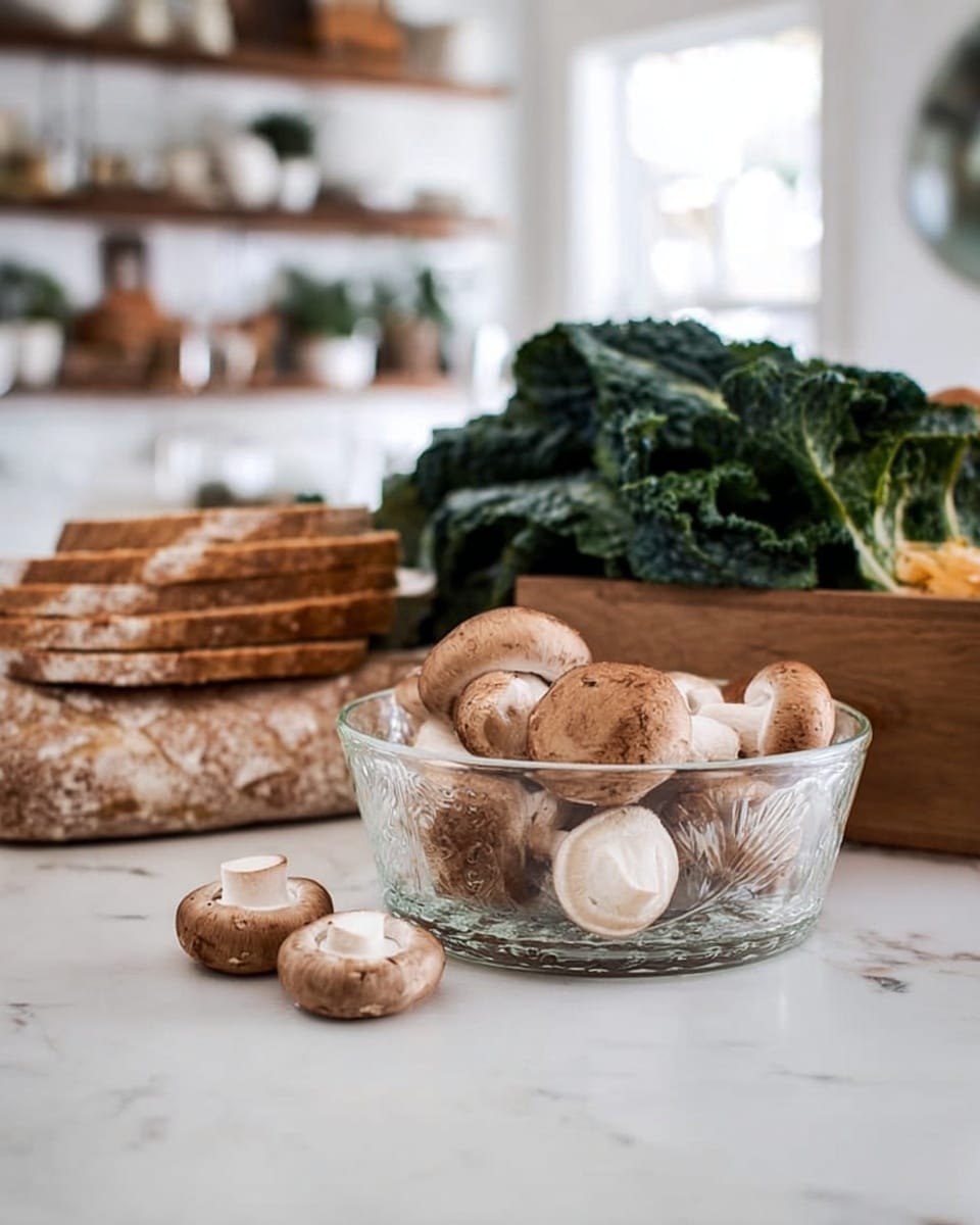 The image shows a white marbled surface with a clear glass bowl filled with whole brown mushrooms in the foreground. Behind the bowl, there are thick dark green leafy vegetables stacked nicely. To the left of the vegetables, there are several slices of brown bread arranged in a row. On the right, there is a wooden box with some green leaves inside. The background shows a blurred kitchen setting with white cabinets and cooking items. photo taken with an iphone --ar 4:5 --v 7