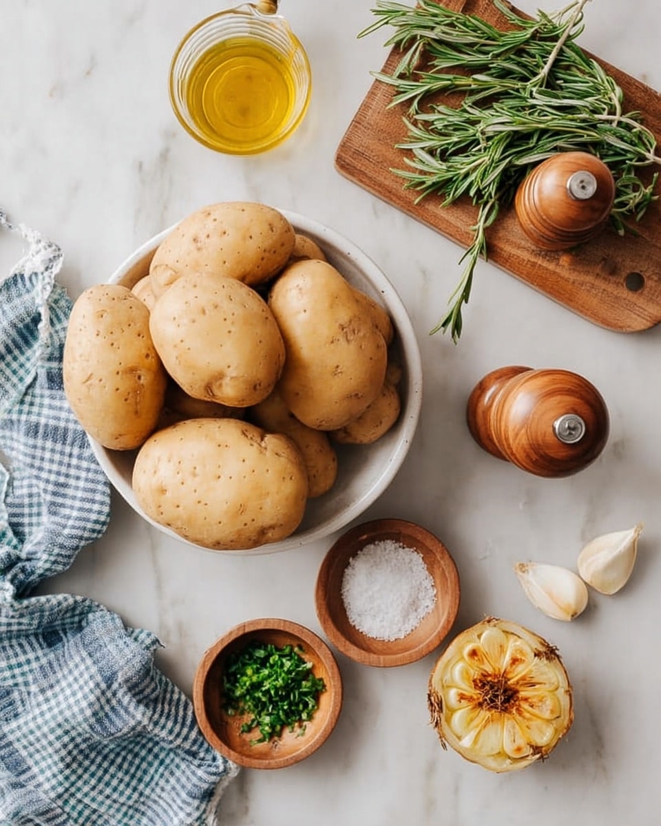 The image shows five whole potatoes with light brown skin, with four inside a white bowl and one next to it on a white marbled surface. Nearby, there is a wooden pepper grinder, a small jar of olive oil, and a wooden board holding fresh green rosemary sprigs. In front of the potatoes are three small wooden bowls: one with chopped green herbs, one with coarse salt, and one holding a halved roasted garlic bulb with a golden-brown top. A blue and white checked kitchen towel is on the left side of the frame. Photo taken with an iphone --ar 4:5 --v 7