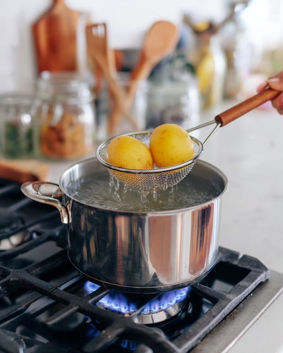 A shiny silver pot sits on a gas stove with blue flames beneath, filled with boiling water. Above the pot, a woman's hand holds a wooden-handled wire skimmer with two peeled yellow potatoes resting in the mesh. The background is bright and blurred, showing kitchen items like jars and wooden utensils, all set on a white marbled surface. photo taken with an iphone --ar 4:5 --v 7