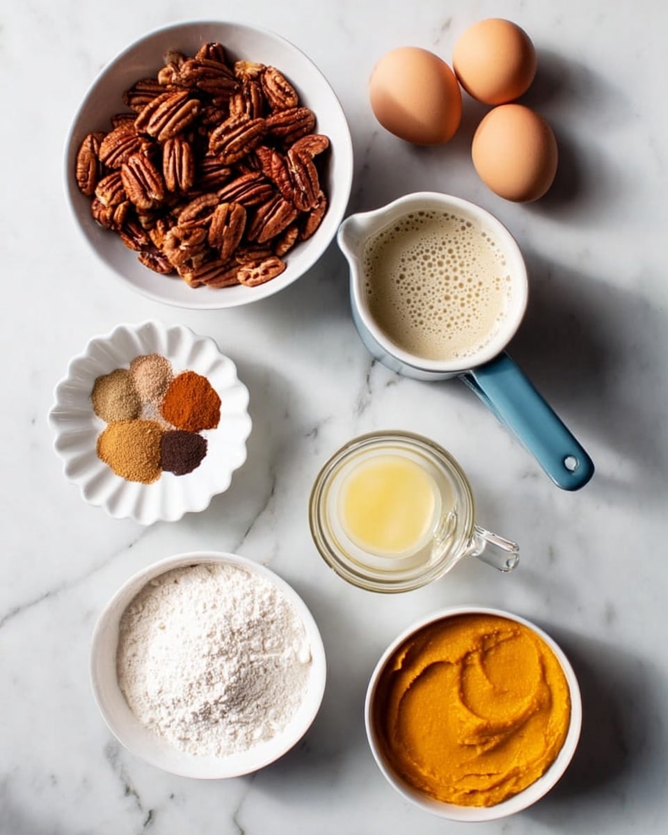 The image shows several ingredients laid out on a white marbled surface. There is a white bowl at the top filled with whole pecan nuts. Below it, on the left, is a small white scalloped bowl with brown sugar and next to it a small white bowl containing four different ground spices in distinct sections: cinnamon, nutmeg, ginger, and cloves. To the right, a white cup with a blue handle holds a creamy liquid with some bubbles on top. In the lower left corner, a measuring cup holds white flour, and next to it, two brown eggs sit side by side on the marble. Below the eggs, there is a small clear glass bowl filled with melted butter. Finally, on the lower right, a white bowl contains smooth orange pumpkin puree. The ingredients are neatly arranged with good lighting. Photo taken with an iphone --ar 4:5 --v 7