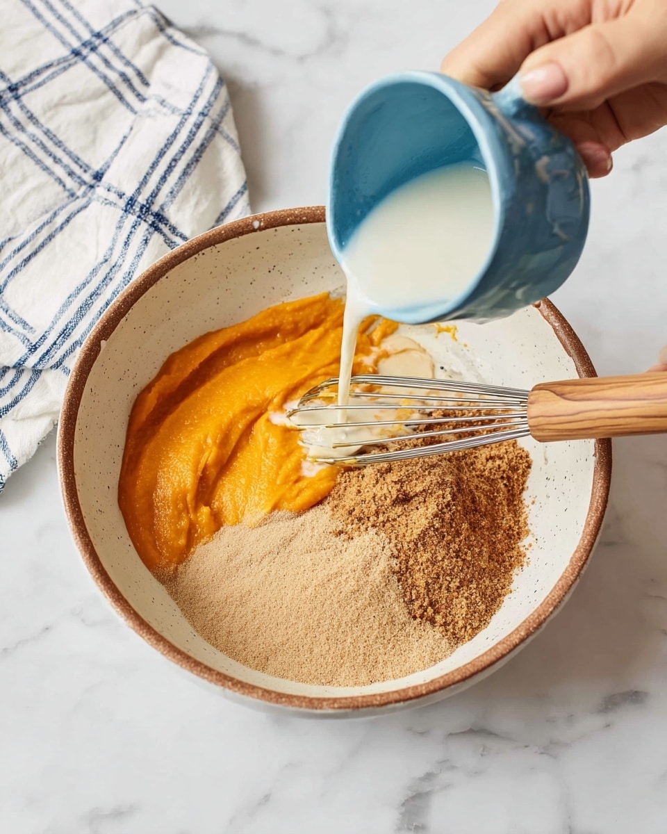 In a light speckled ceramic bowl with a brown rim sitting on a white marbled surface, there are five separate layers of ingredients: a smooth bright orange layer of pumpkin puree in the center, a beige powdery spice mix below it, a mound of light brown sugar to the right of the puree, a pale liquid being poured from a small blue ceramic cup held by a woman's hand above the bowl, and a white creamy liquid on the left side. A whisk with a wooden handle rests inside the bowl, partly touching the ingredients. A white and blue checkered cloth is partially visible in the top left corner. Photo taken with an iphone --ar 4:5 --v 7