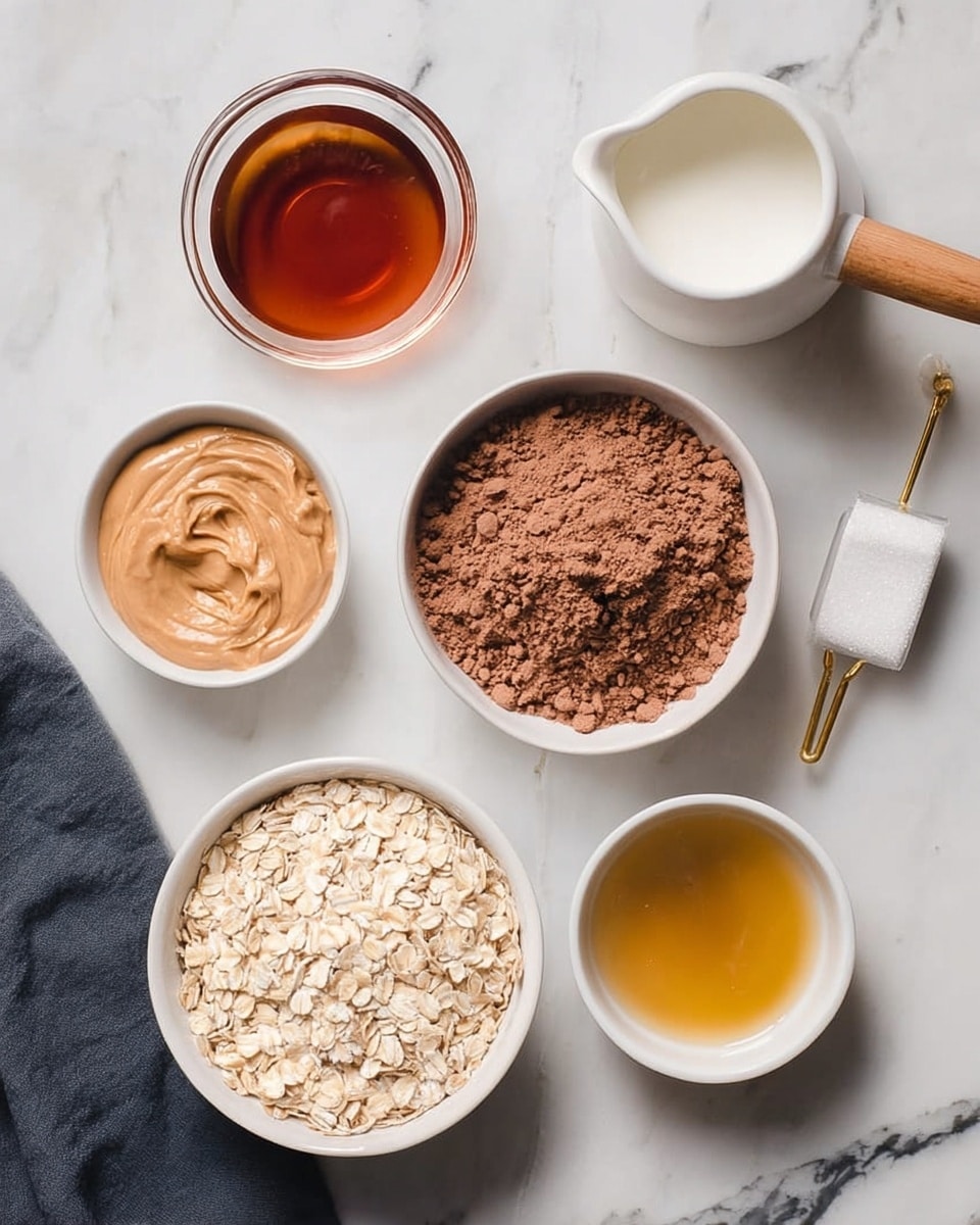 The image shows seven bowls and a scoop arranged on a white marbled surface. In the bottom right is a white bowl filled with dry, light beige oats. To the left is a smaller white bowl holding smooth, light brown peanut butter with a swirled texture. Above that, a glass bowl contains a dark amber liquid, likely syrup. In the center sits a white bowl full of fine, brown cocoa powder with a slightly uneven surface. To the right of the cocoa is a small white bowl with a golden yellow liquid, possibly vanilla extract, showing thin patterns on its surface. Above is a white measuring scoop filled with granulated white sugar with a golden handle resting on the surface. At the top center is a small white pot with a wooden handle containing plain white milk. A dark gray cloth peeks out near the oat bowl. photo taken with an iphone --ar 4:5 --v 7