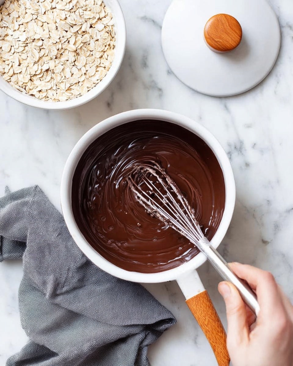 A white saucepan with a wooden handle is shown from above on a white marbled surface. Inside the pan, there is a thick, dark brown chocolate mixture being stirred with a silver whisk held by a woman's hand from the right side of the frame. The chocolate has a smooth and glossy texture with swirls created by the whisk. On the left side of the image, there is a white bowl filled with pale beige rolled oats. A white lid with a wooden knob is placed above the saucepan. A gray cloth is partially under the pan. The scene is bright and clean, focusing on the glossy chocolate mixture in the pan. photo taken with an iphone --ar 4:5 --v 7