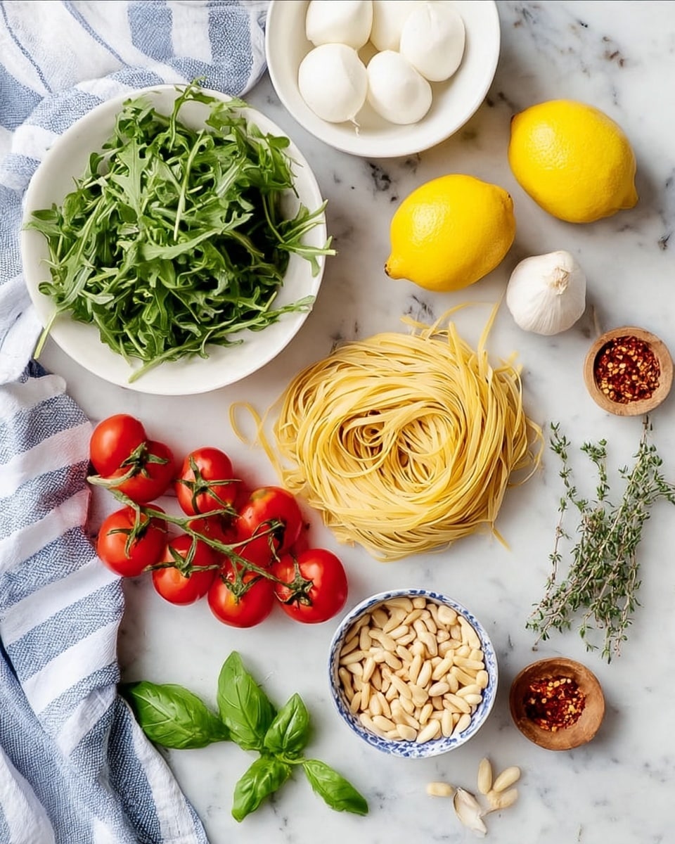 The image shows a white marbled surface with several fresh ingredients arranged on it. Starting from the top left, there is a white bowl filled with green arugula leaves. To the right, two bright yellow lemon halves and one whole lemon sit next to a white bowl holding three white mozzarella balls. In the center bottom, two small cloves of garlic rest near three green basil leaves placed on a white and blue striped cloth. A bunch of vibrant red vine tomatoes is positioned to the left of a pile of uncooked pale yellow linguine pasta that lies loosely coiled. Nearby, a small white and blue bowl holds light brown pine nuts, and next to it, a small wooden bowl contains red chili flakes. A few sprigs of fresh thyme complete the arrangement, and the whole setup is on a clean white marbled surface, photo taken with an iphone --ar 4:5 --v 7