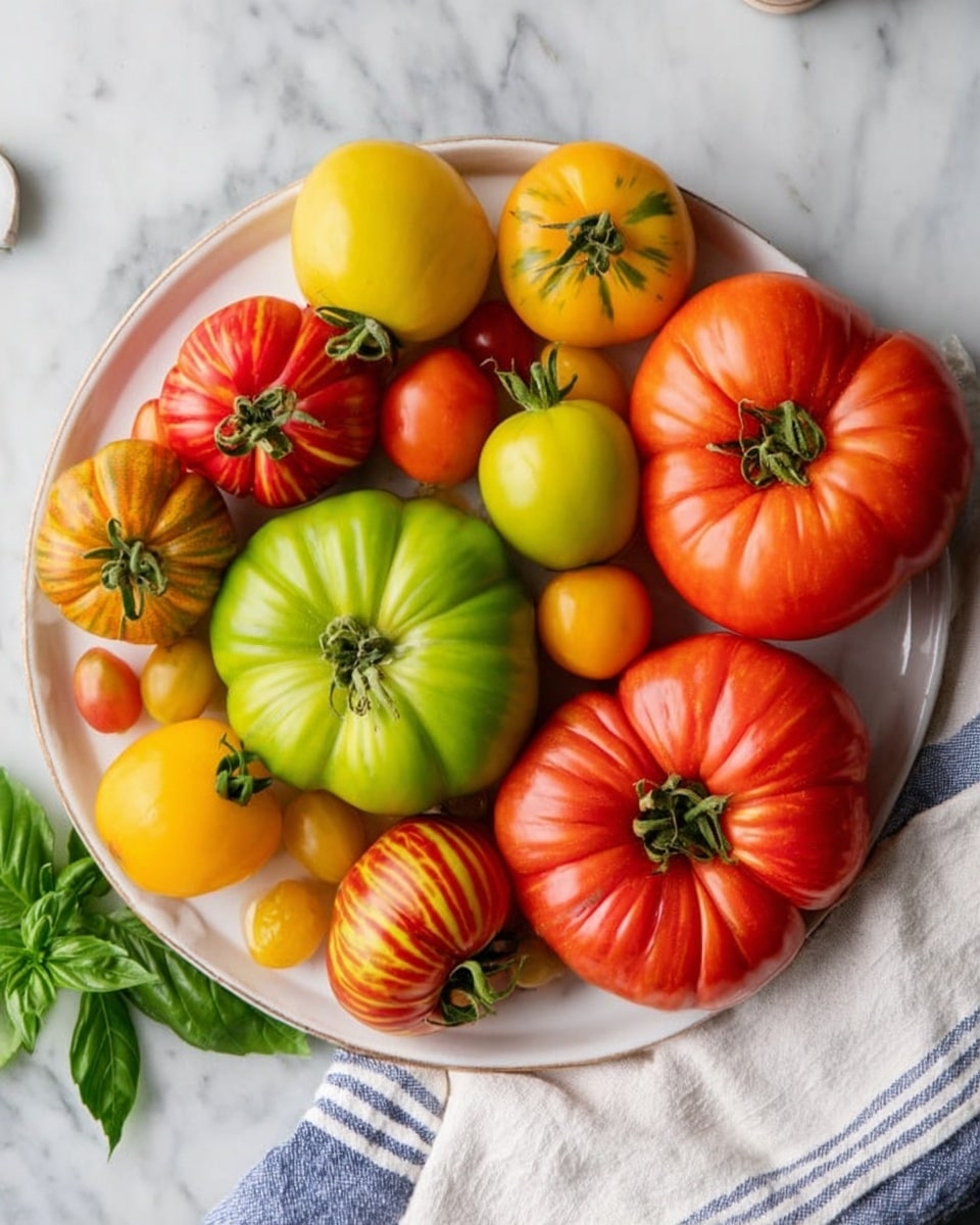 A large white plate holds a colorful mix of tomatoes arranged closely together. There are three large, ribbed, orange-red tomatoes positioned near the top right and top center of the plate. Around them are several smaller tomatoes in bright yellow, green, and a mix of red and yellow striped patterns. One large green tomato sits near the left center, with other smaller red and yellow tomatoes spread evenly around it. The plate rests on a white marbled surface, with a white cloth featuring blue stripes placed at the bottom right corner and some green basil leaves visible at the bottom left. photo taken with an iphone --ar 4:5 --v 7