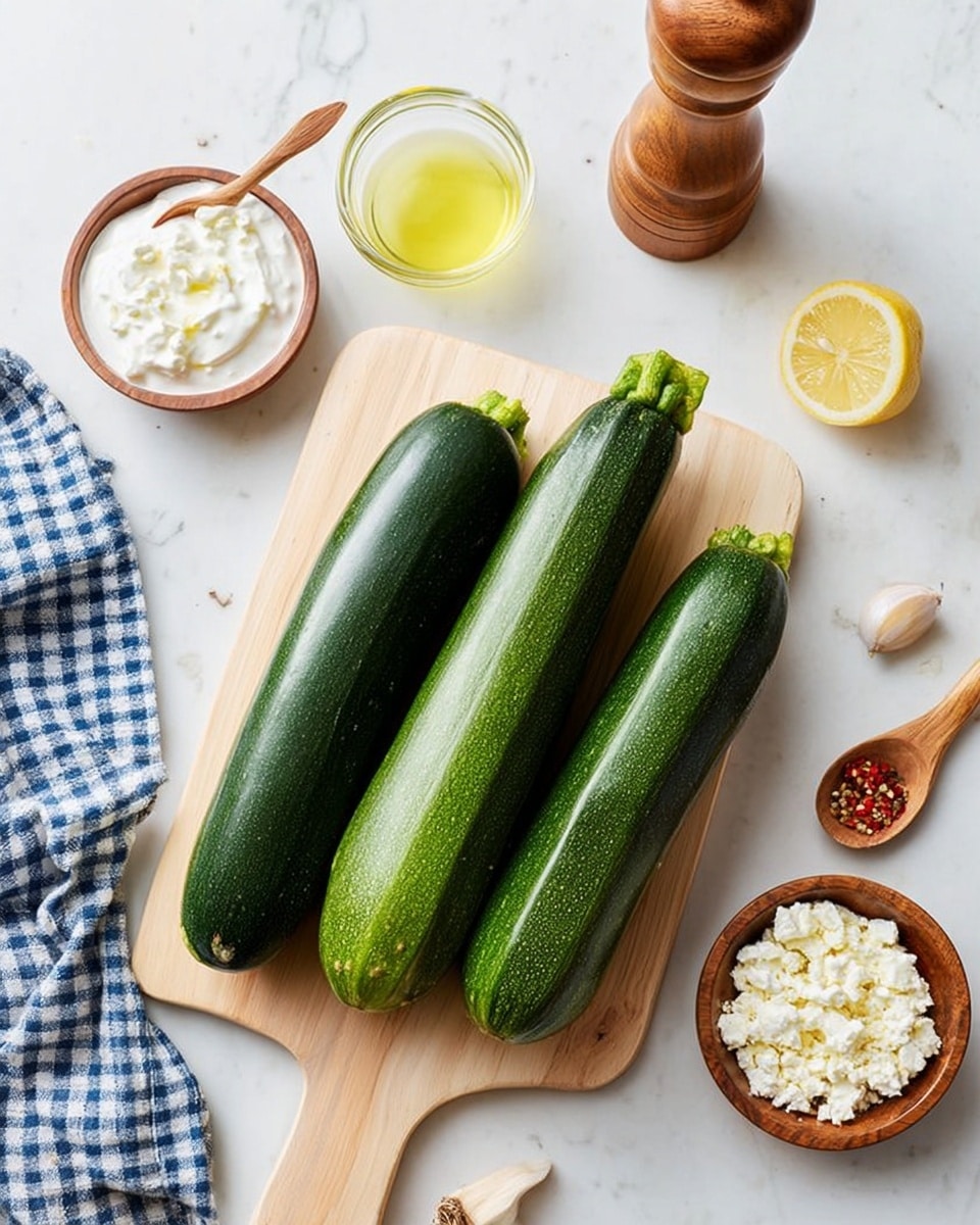 The image shows three whole zucchinis with dark green and light green skin placed on a light wooden cutting board on a white marbled surface. Around the board, there are small wooden bowls holding white creamy yogurt with a small wooden spoon, white crumbly cheese, and red pepper flakes. A whole clove of garlic and a small glass bowl with pale yellow lemon juice sit nearby. A wooden pepper grinder stands above the bowls, and a blue and white checkered cloth is partially visible on the left side. The photo is bright with natural lighting, and the focus is on the fresh ingredients arranged neatly. photo taken with an iphone --ar 4:5 --v 7