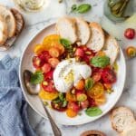 Summer Burrata Salad with Heirloom Tomatoes, Peaches, and Lemon-Thyme Oil Recipe